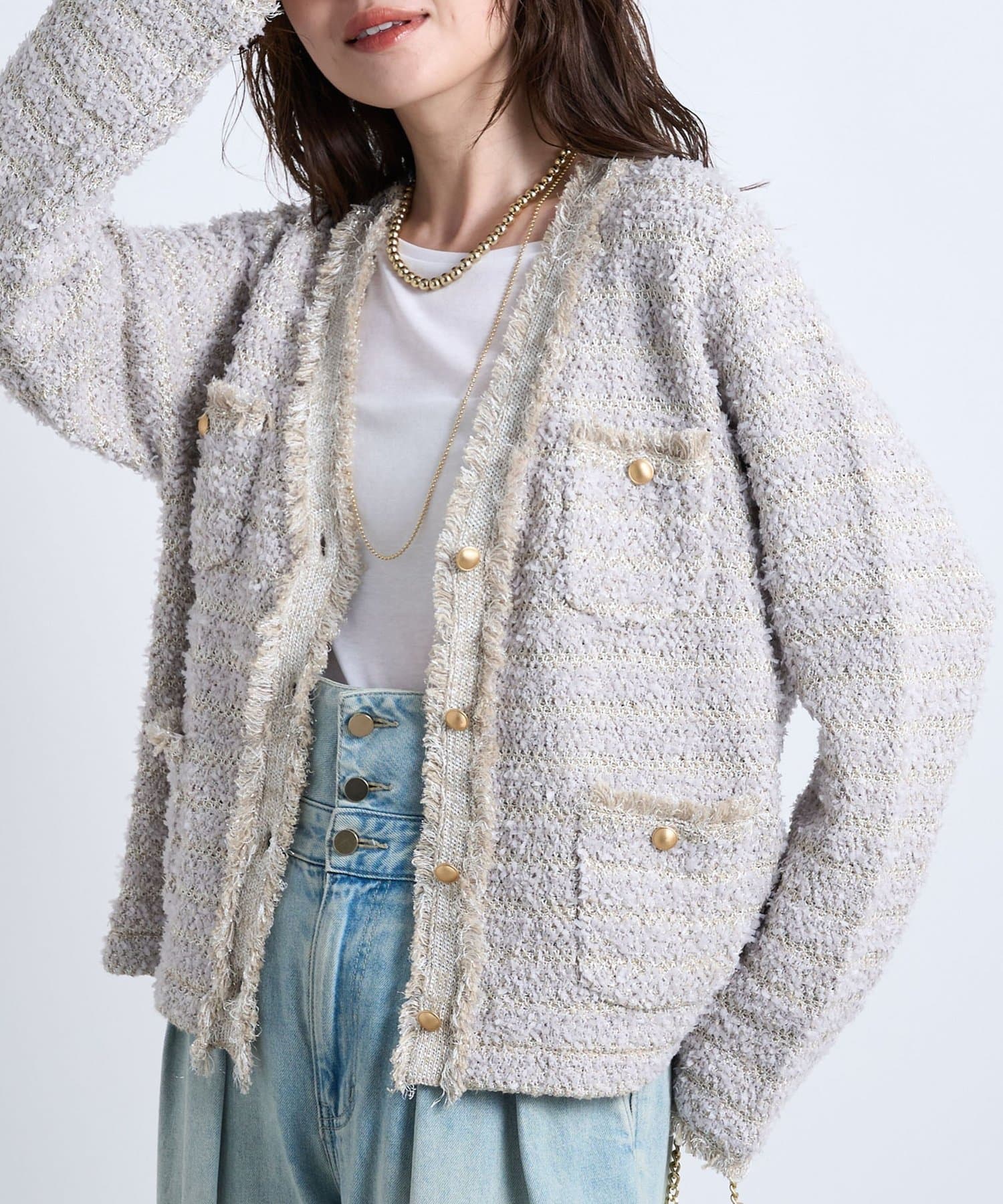 La boutique BonBon(ラブティックボンボン) ファンシーツイードニットジャケットカーディガン