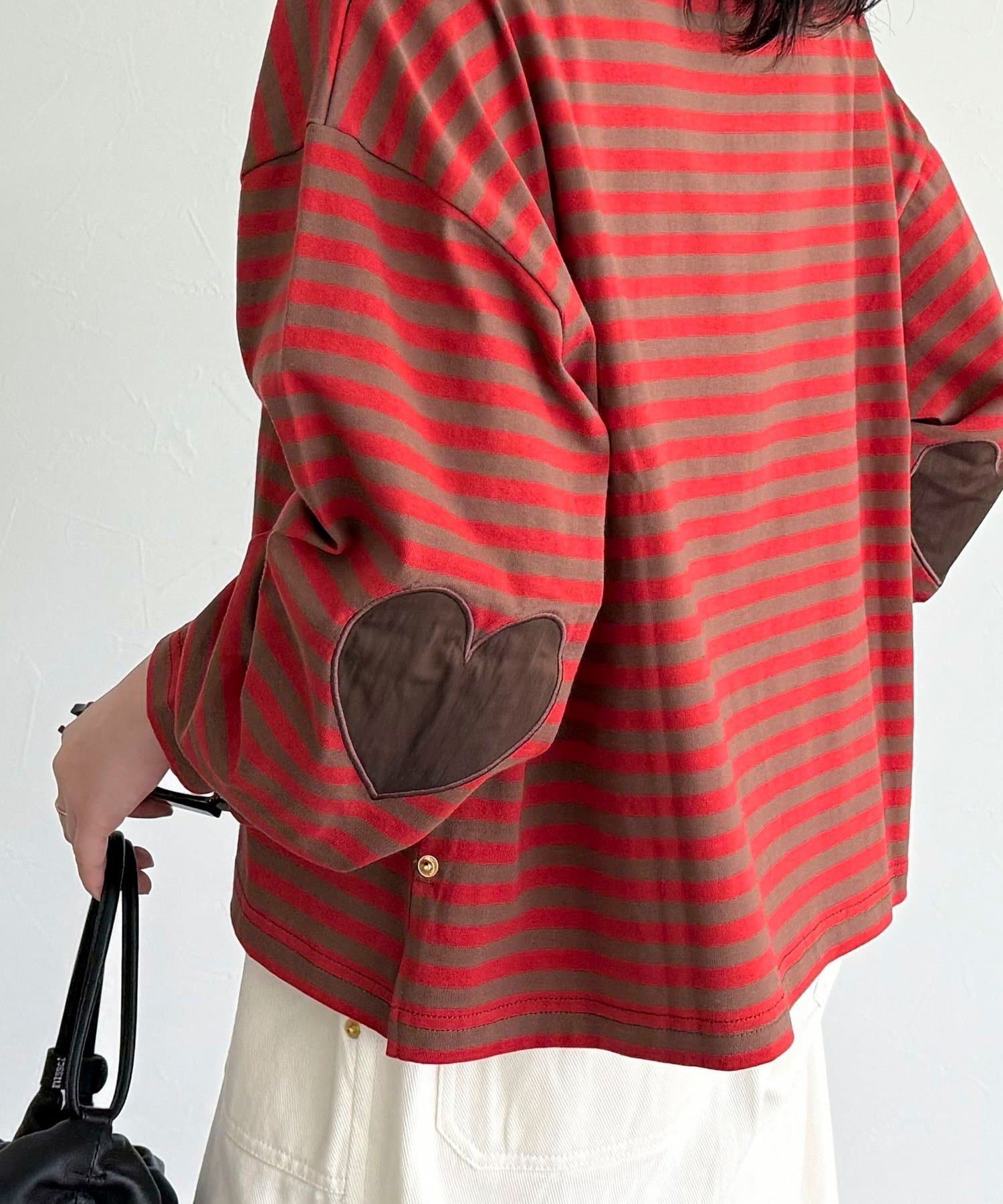 ◇fredy emue◇【2025 AW】秋カラーが可愛い♡ハートのエルボーパッチがアクセントの、大人も着たいボーダーT●point・定番のボーダーTに、ハート型のエルボーパッチを効かせた遊び心たっぷ