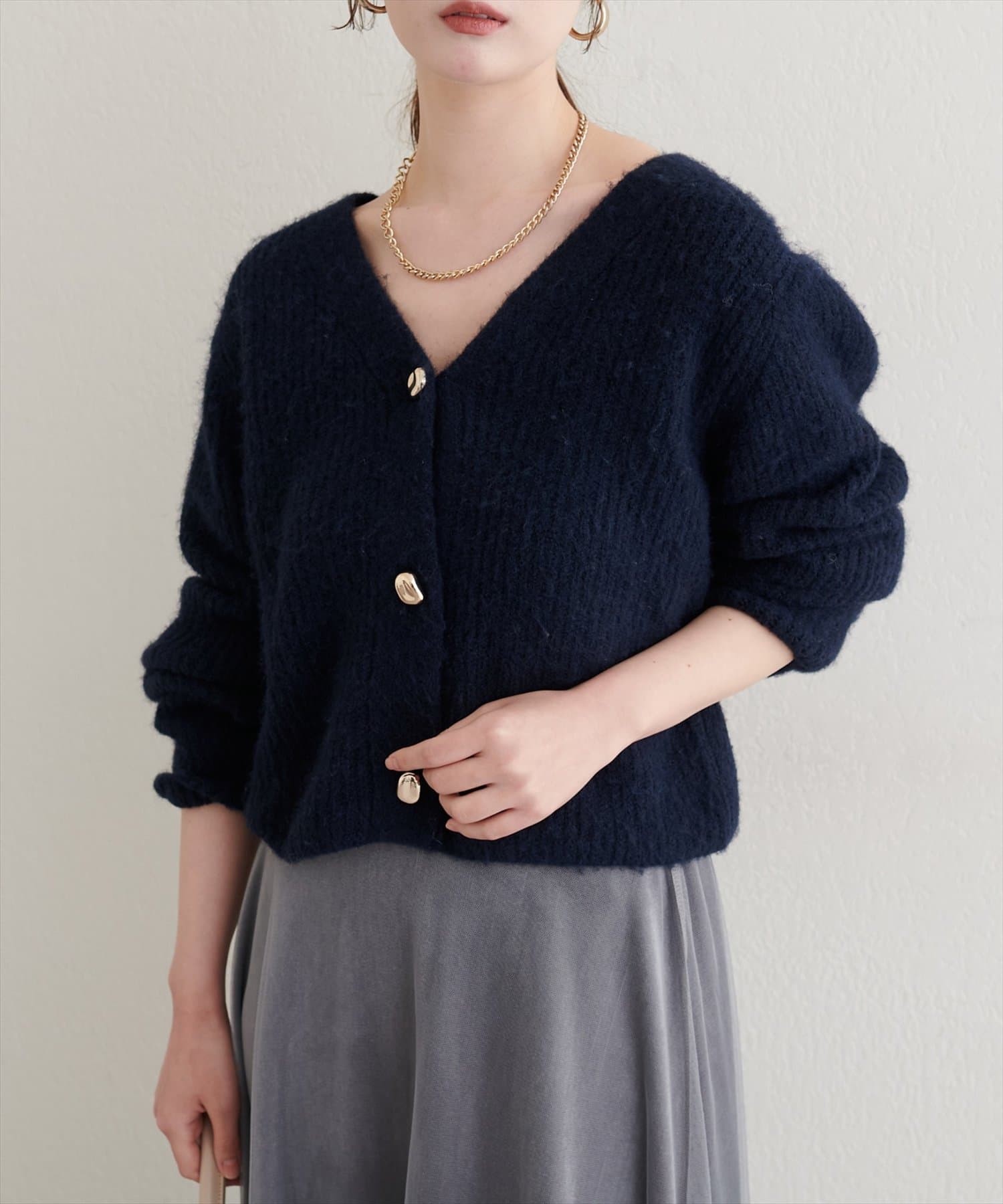 natural couture(ナチュラルクチュール) 【WEB限定】ウール混片畦編みニットカーディガン