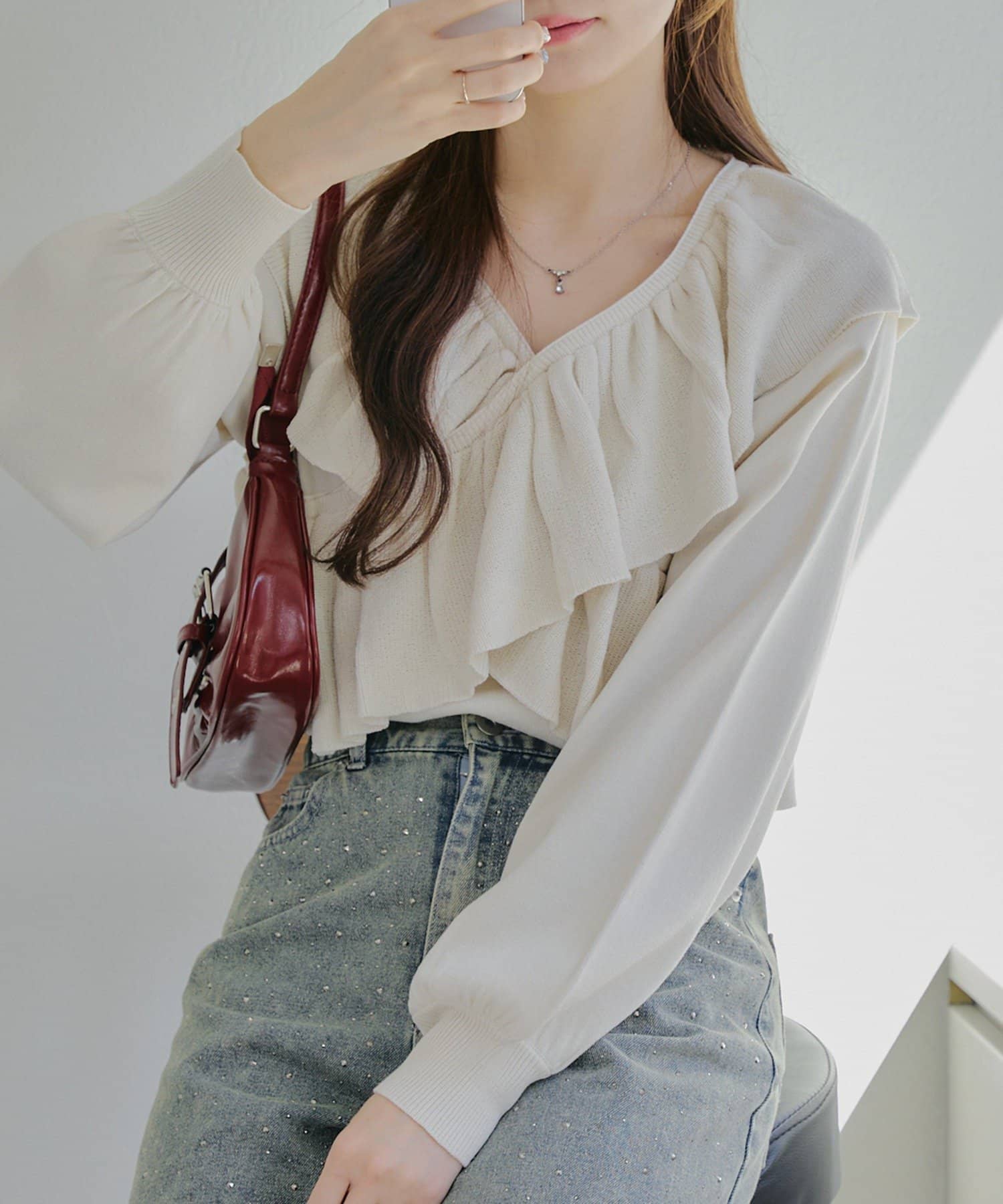 NICE CLAUP / OLIVE des OLIVE OUTLET(ナイスクラップ  / オリーブ デ オリーブ アウトレット) 【RMAF】クロスフリルニット