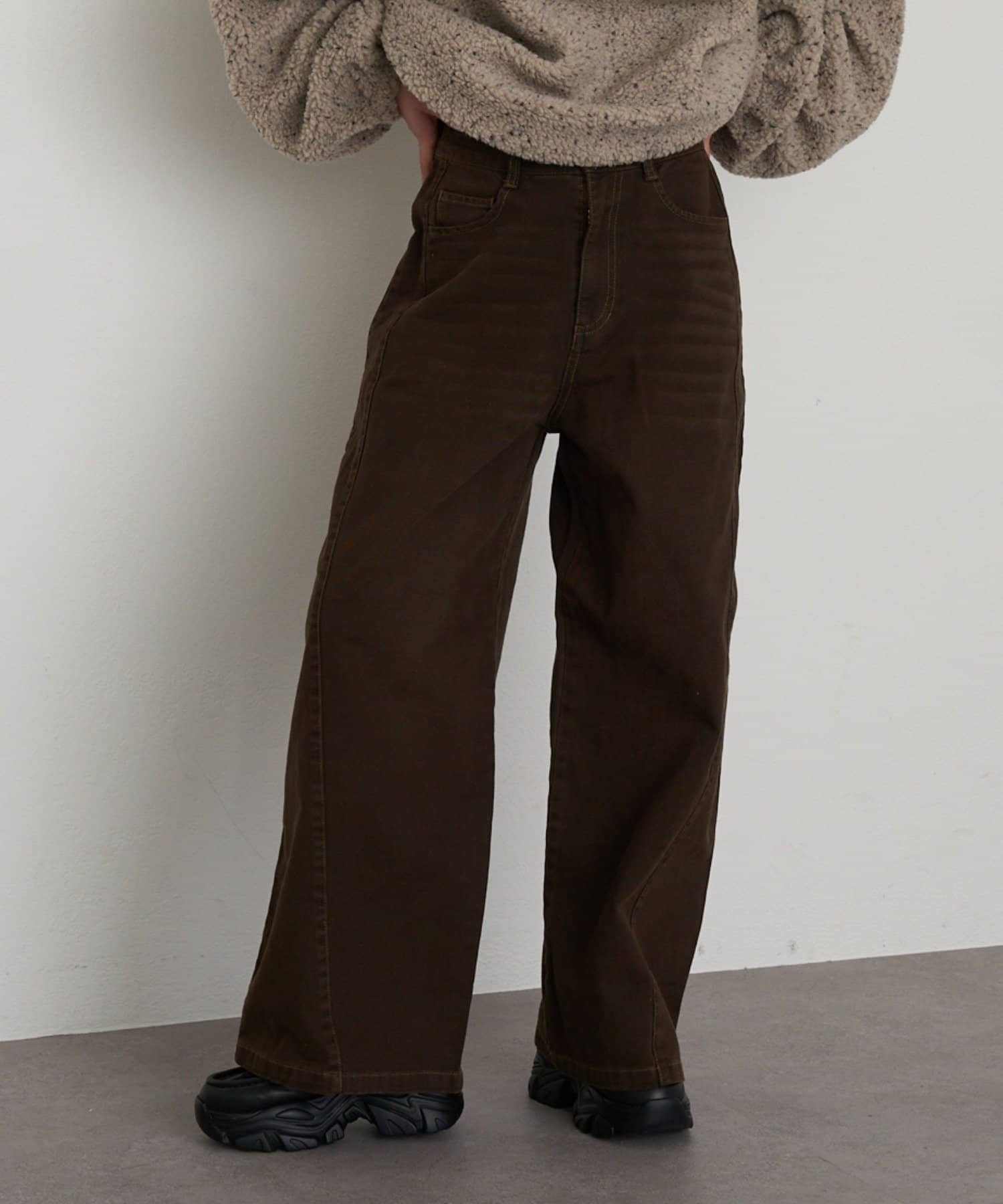 RAY CASSIN(レイカズン) 【-3kg見え/ウエスト調整可】ヒョウ柄サイド切替デニムワイドパンツ