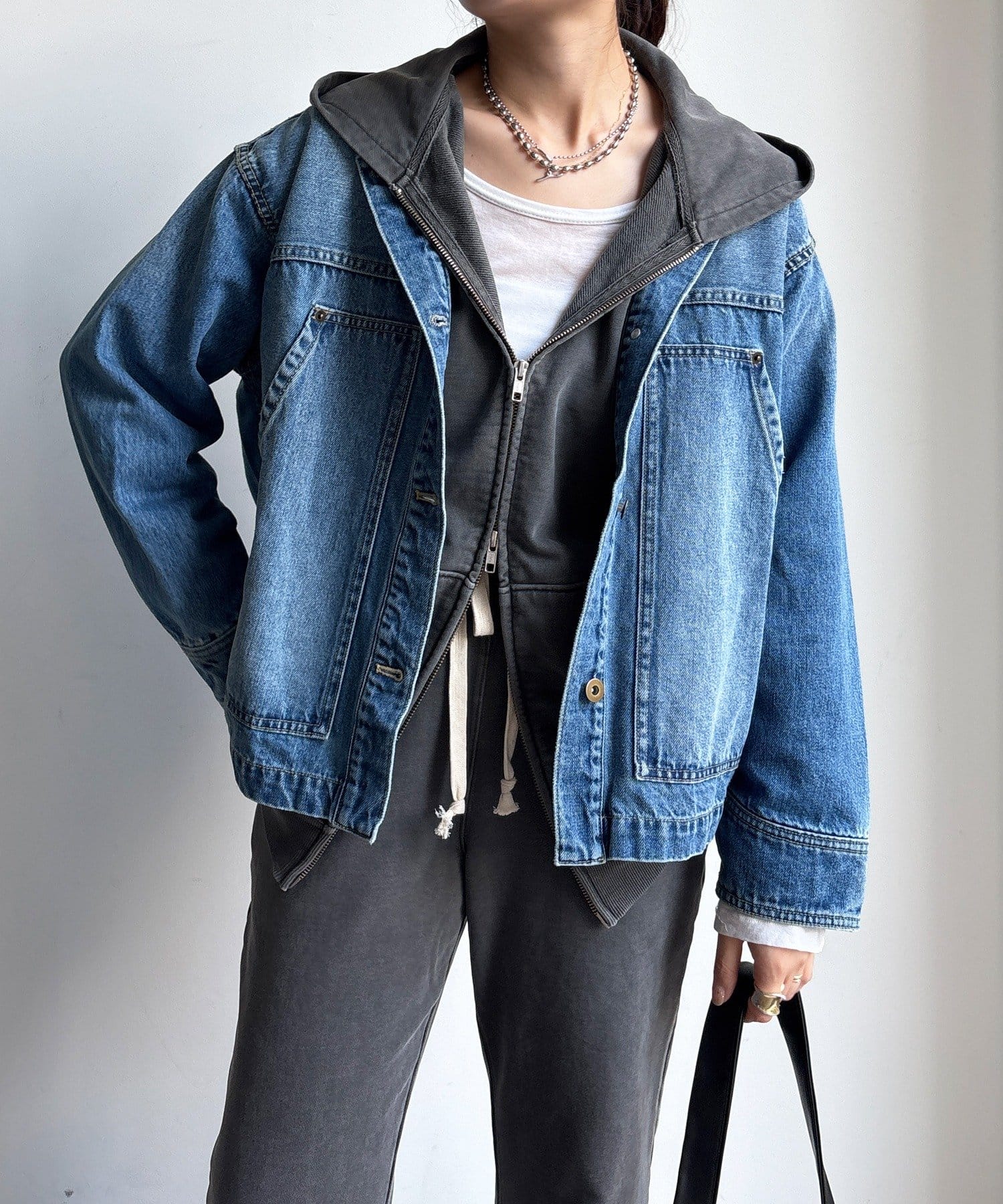 DOUDOU(ドゥドゥ) 【襟の取り外しが可能!】レザーカラーデニムジャケット