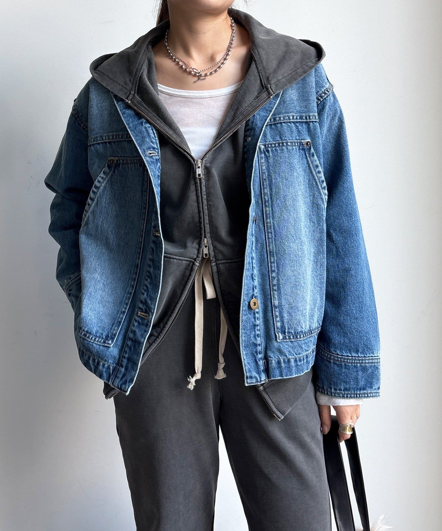 DOUDOU(ドゥドゥ) 【襟の取り外しが可能!】レザーカラーデニムジャケット