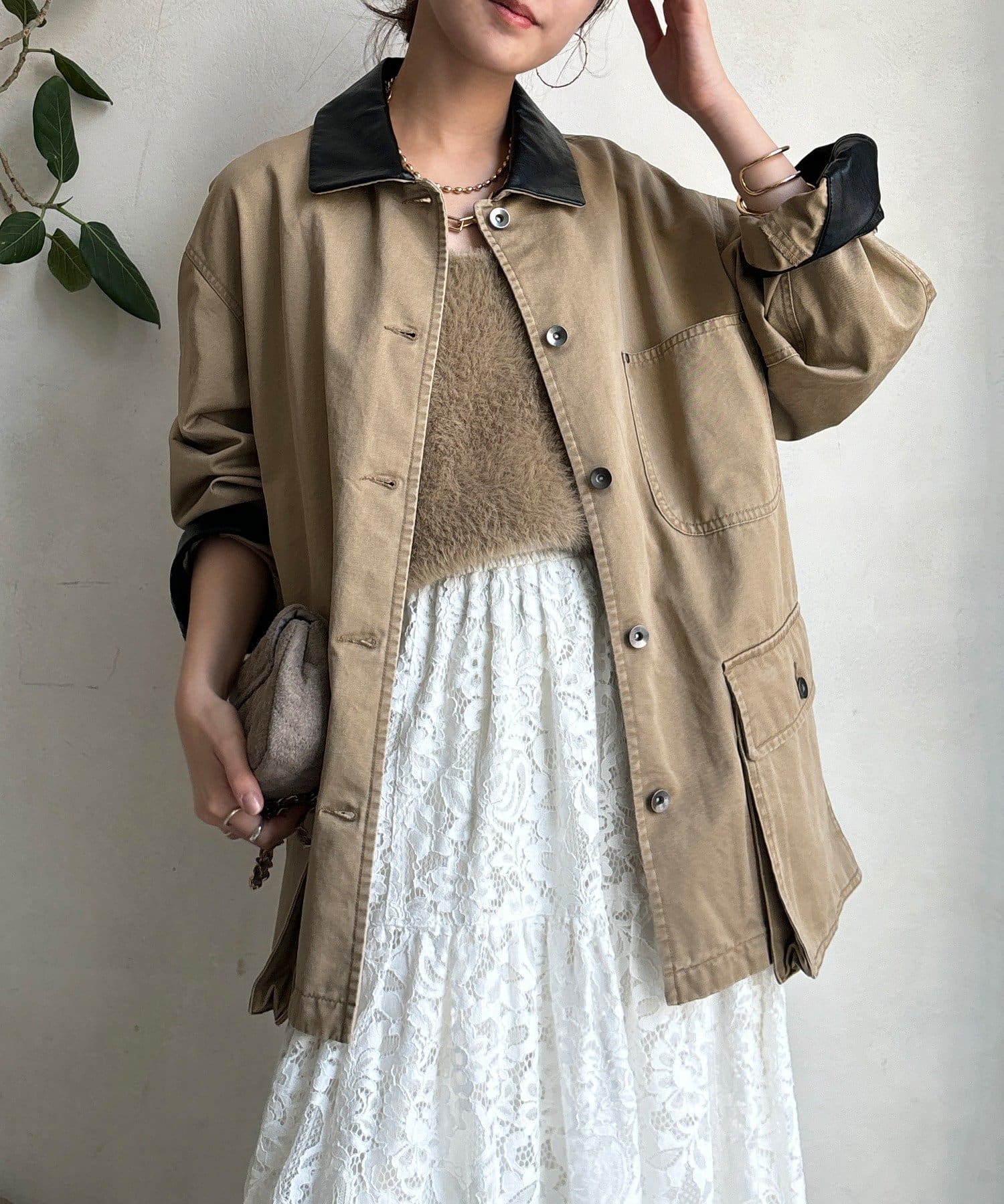 DOUDOU(ドゥドゥ) レザーカラーカバーオールジャケット