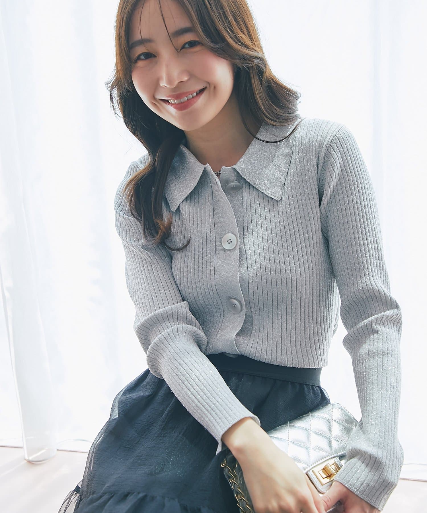 La boutique BonBon(ラブティックボンボン) 【名品・復刻】ラメリブポロ衿カーディガン