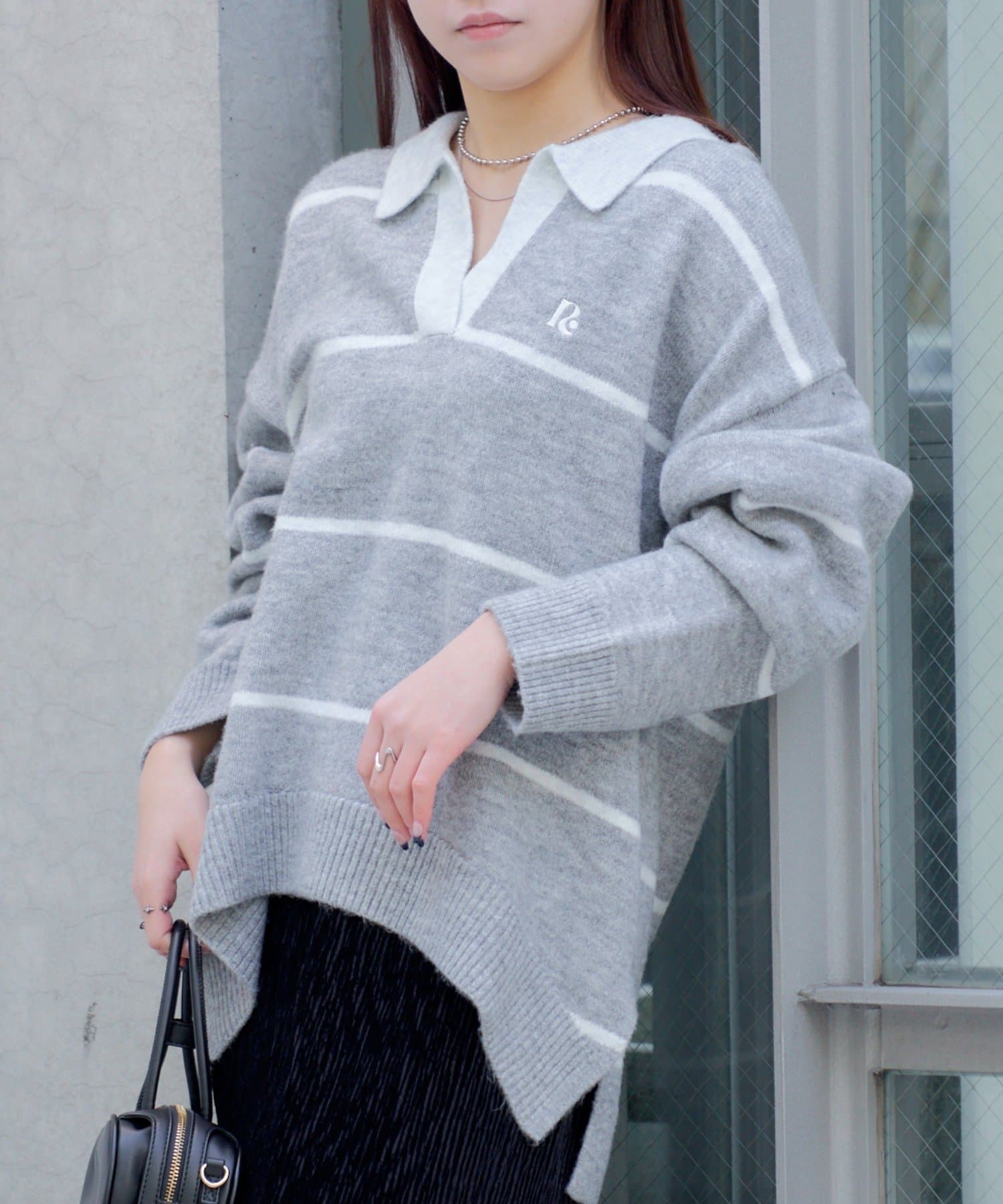 OUTLET(アウトレット) 【RAY CASSIN】ボーダースキッパーポロ刺繍ニット　/　襟付きニット