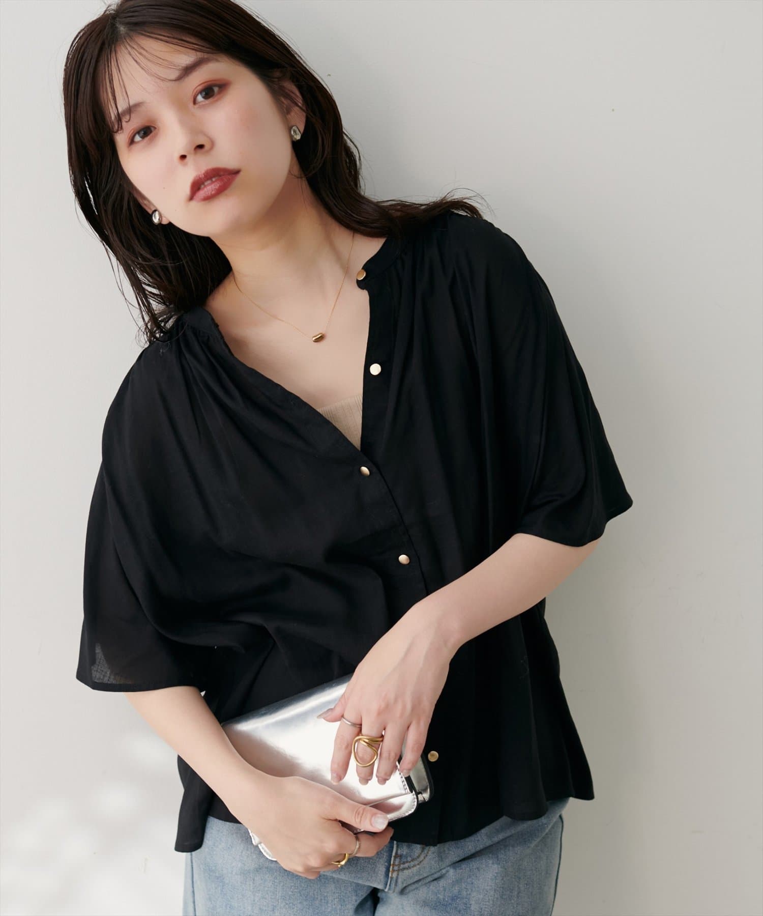 natural couture(ナチュラルクチュール) 【WEB限定】麻混フレア袖ブラウス