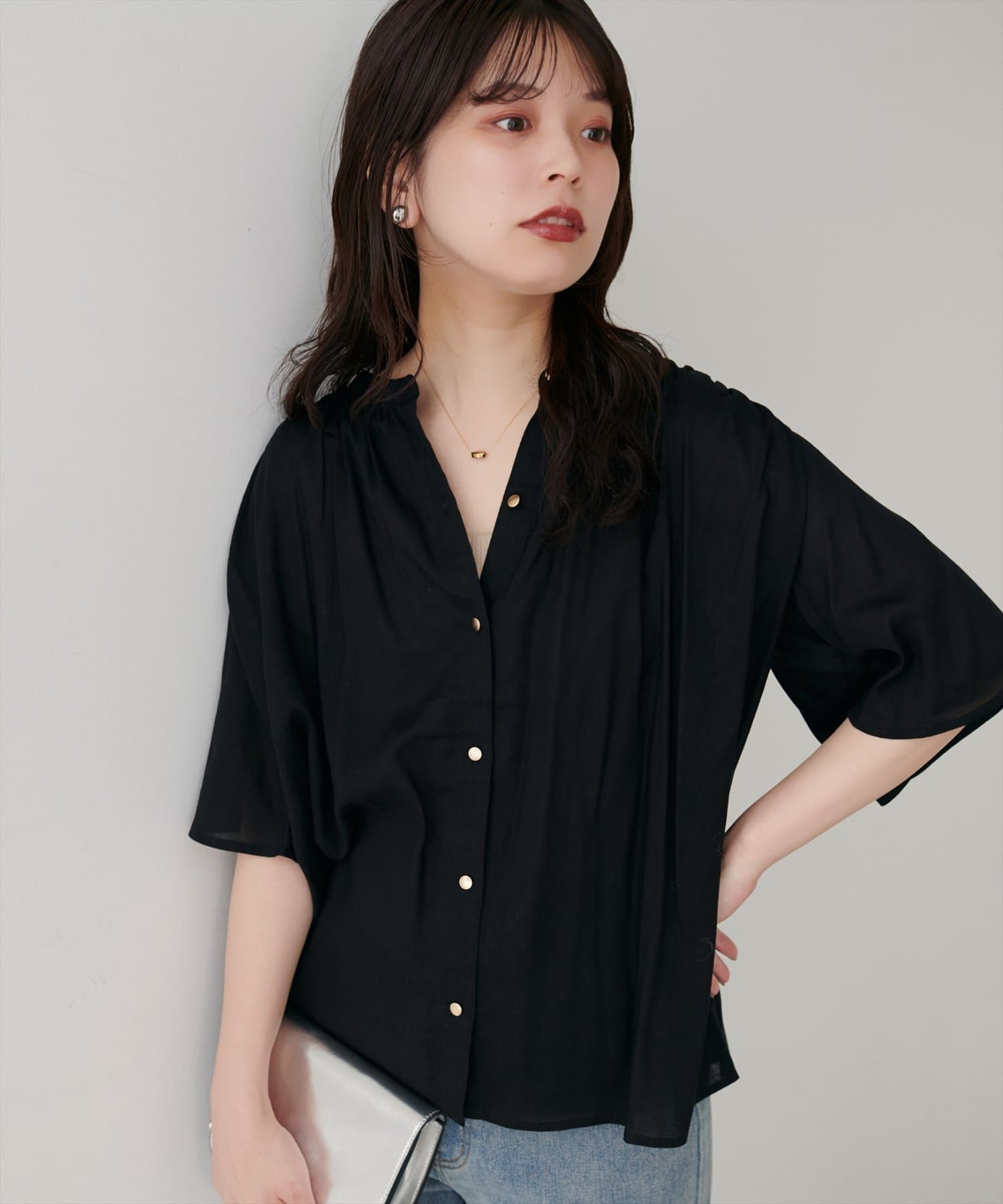 natural couture(ナチュラルクチュール) 【WEB限定】麻混フレア袖ブラウス