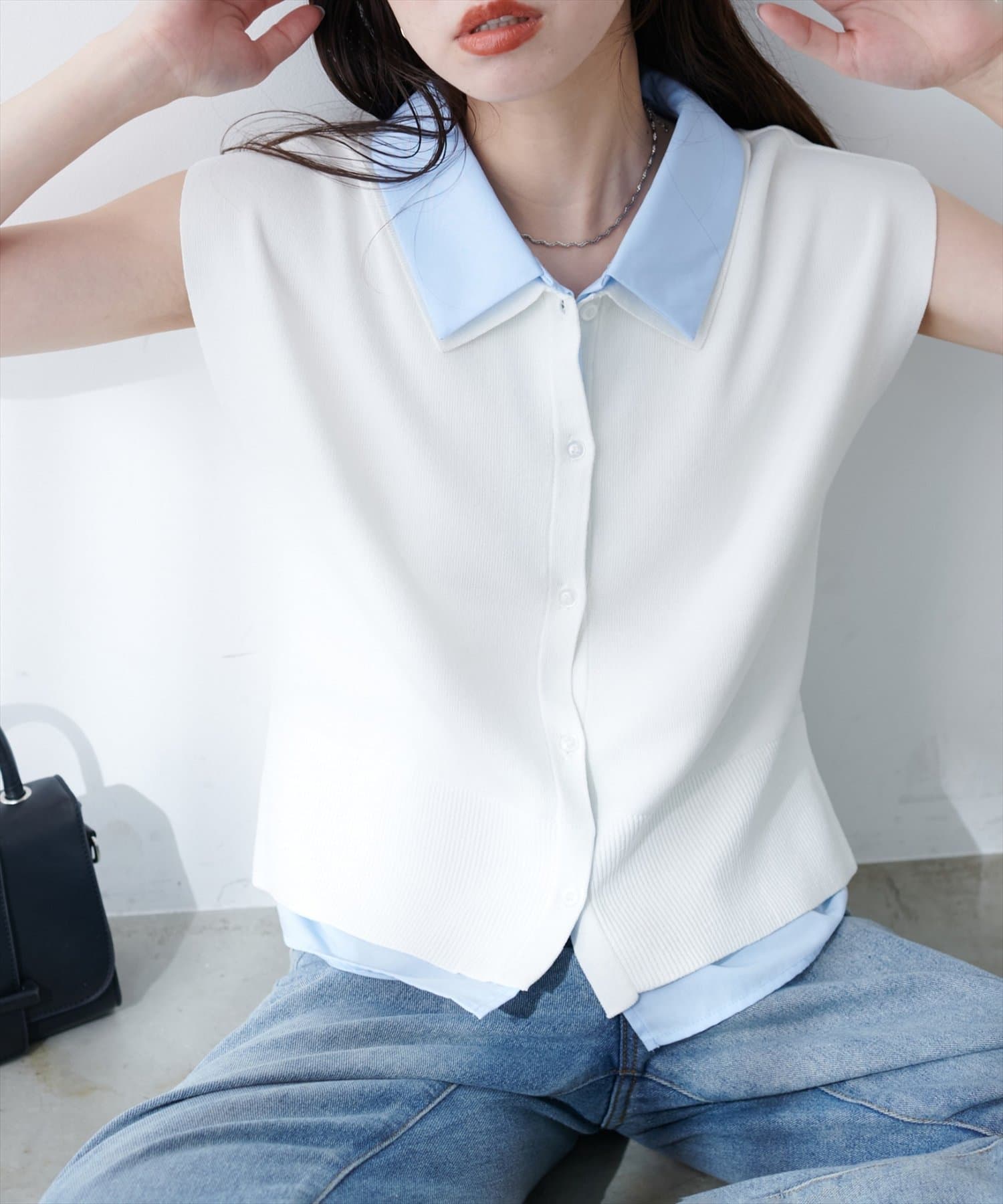 natural couture(ナチュラルクチュール) フェイクレイヤード衿付きノースリカーディガン