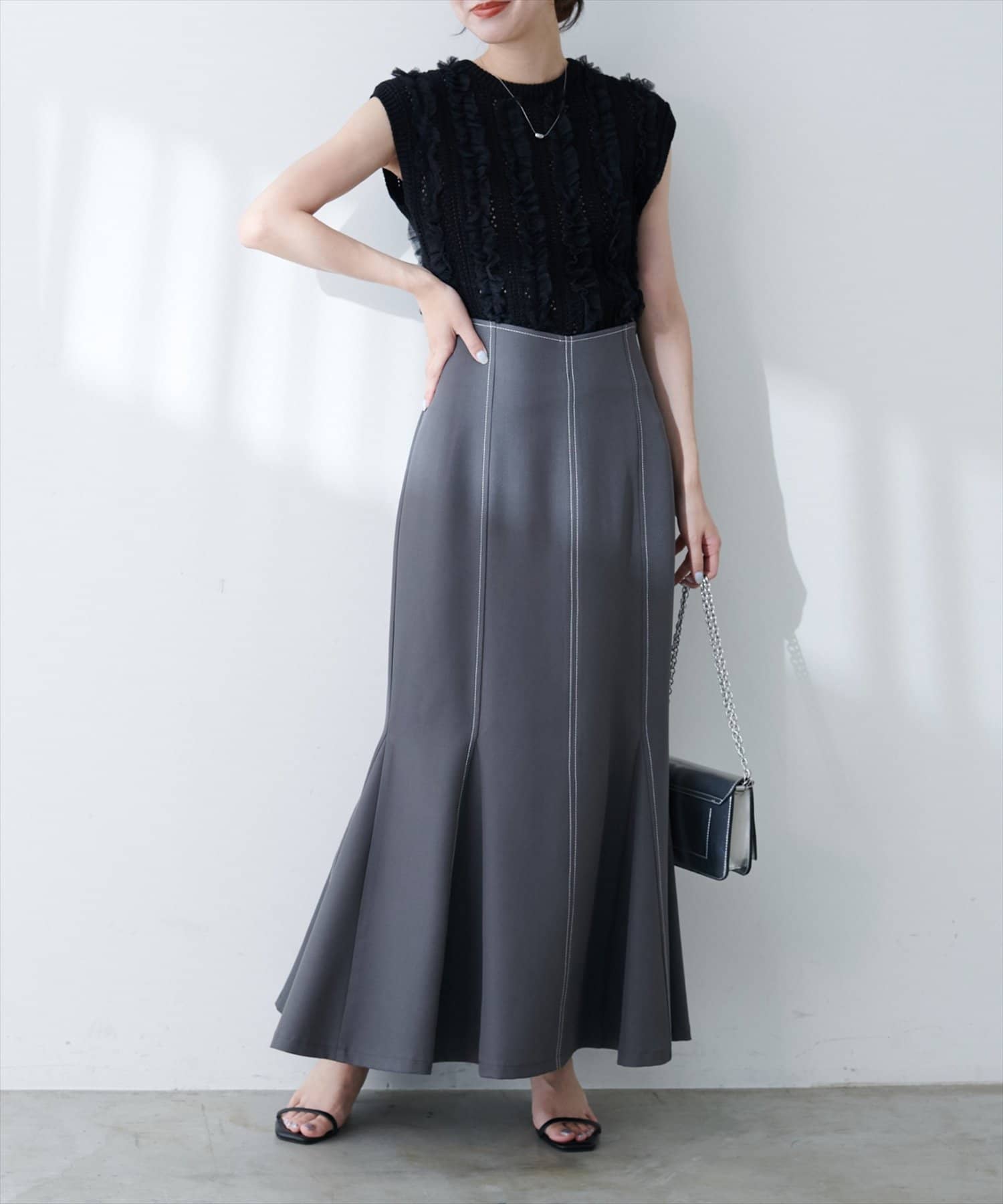 natural couture(ナチュラルクチュール) 透かし柄×チュールノースリニット