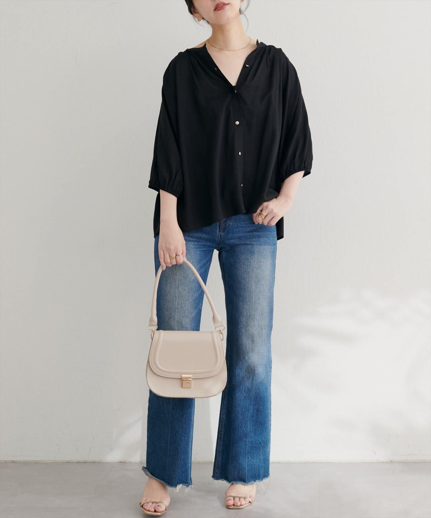 natural couture(ナチュラルクチュール) 【WEB限定】麻混ギャザーブラウス