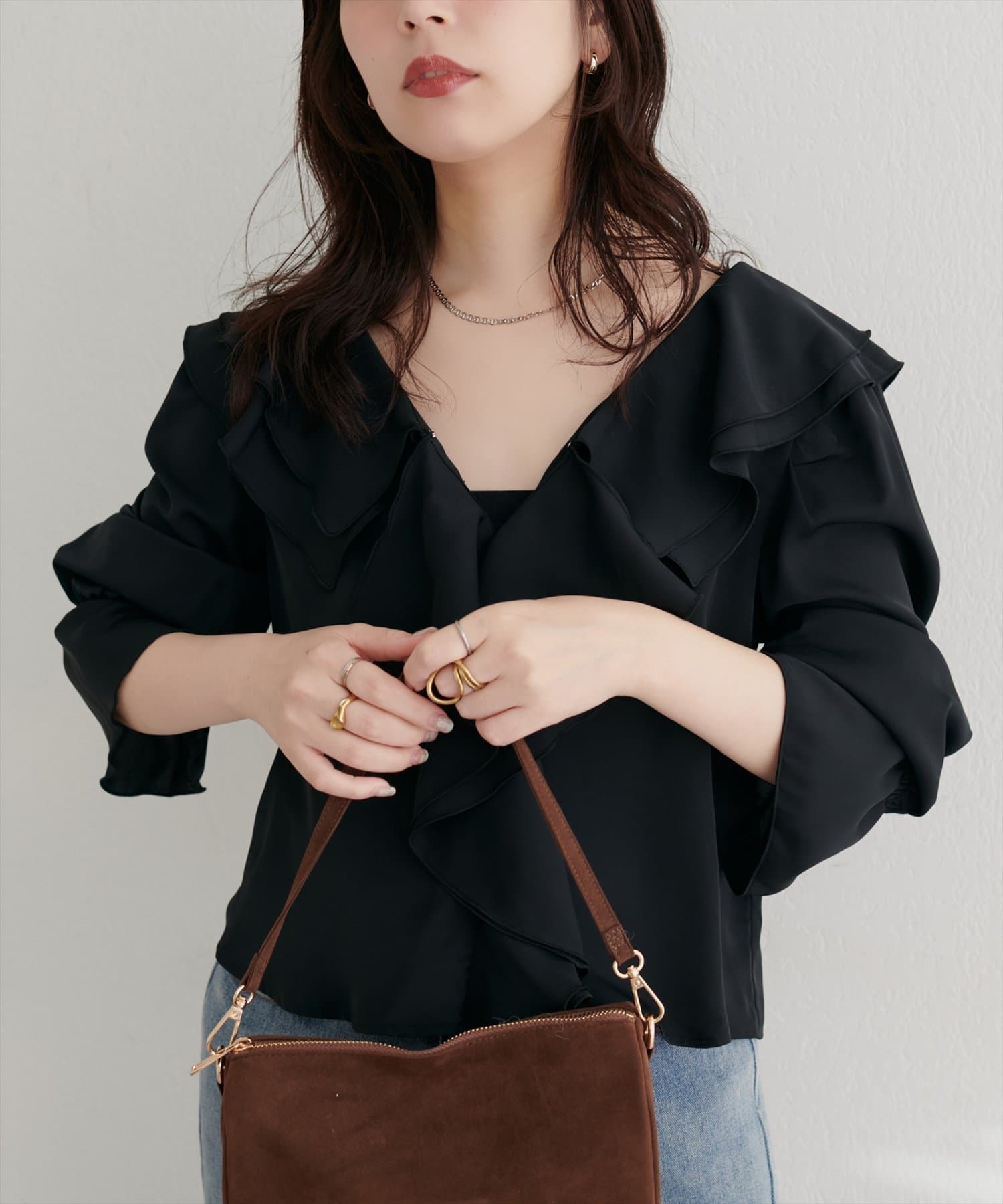 natural couture(ナチュラルクチュール) 【WEB限定】ラッフル衿キャンディスリーブブラウス