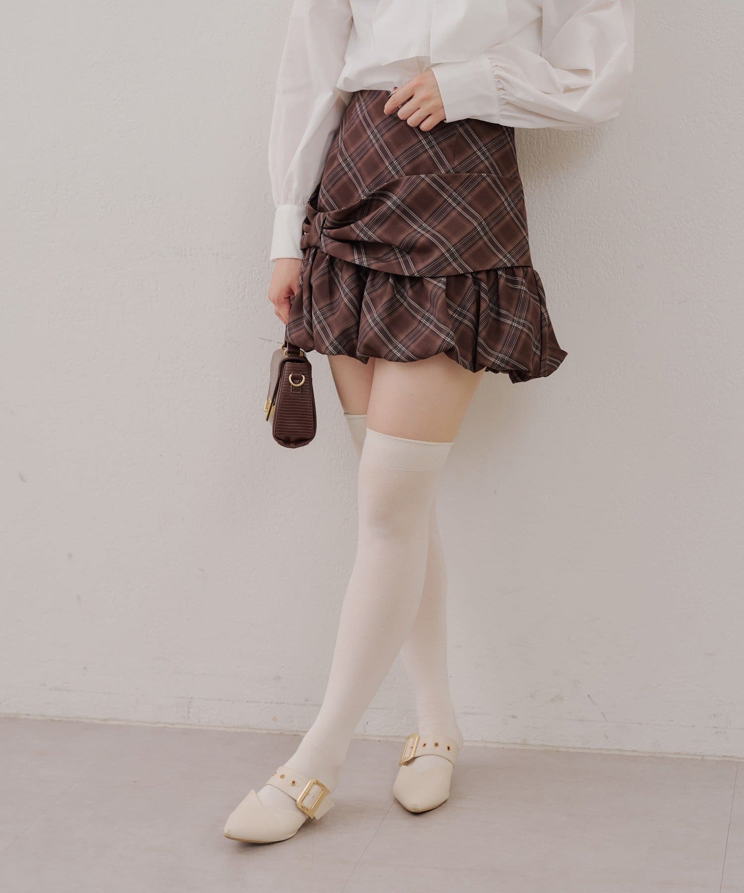 【Cider】リボン バブルヘム ミニ スカート プレッピー 織布 ボリューミーな蝶結びバブルヘムミニスカート