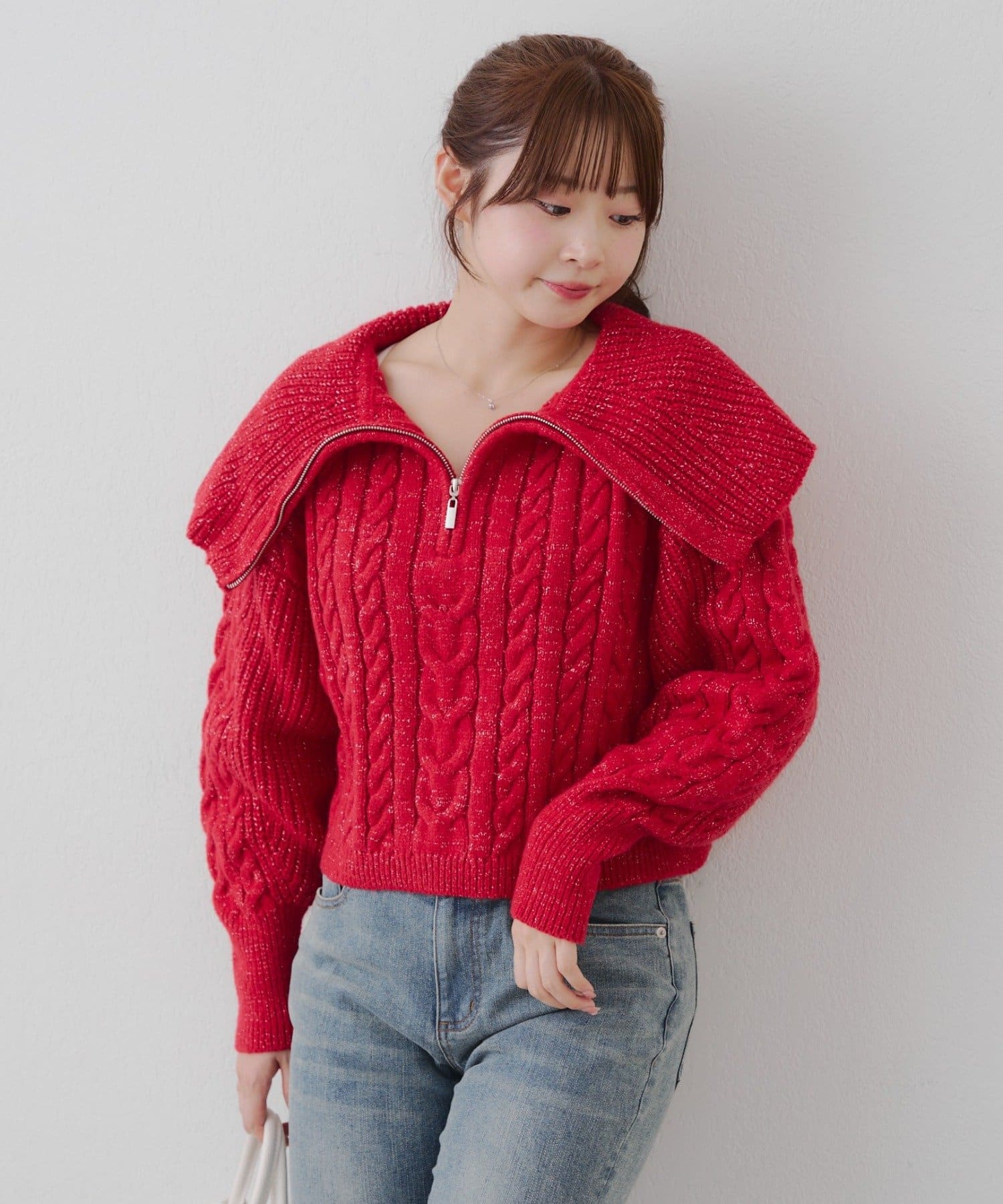 NICE CLAUP / OLIVE des OLIVE OUTLET(ナイスクラップ  / オリーブ デ オリーブ アウトレット) 【RMAF】ビッグ衿ZIPUPニット