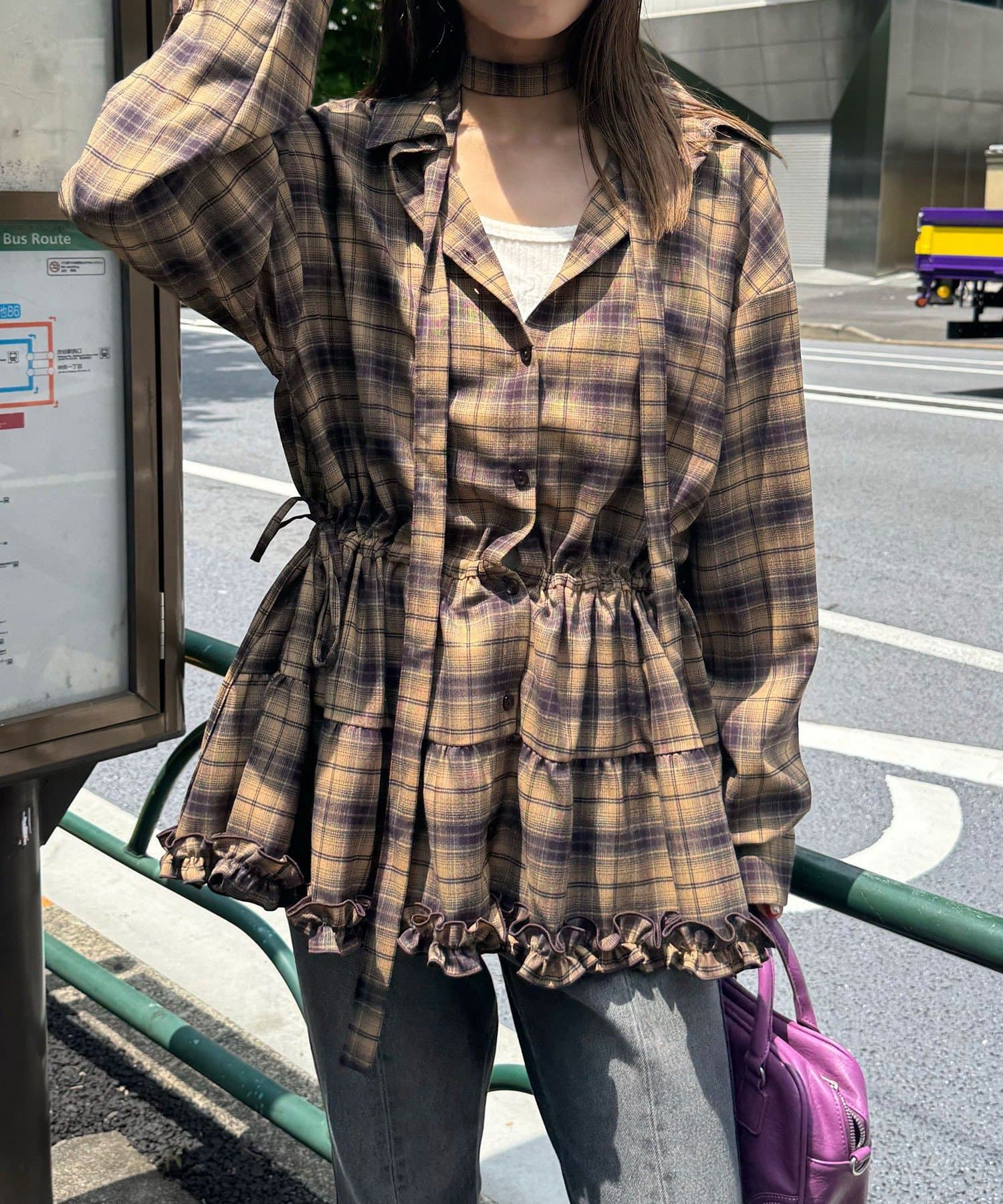 CIAOPANIC(チャオパニック) ボウタイ付き裾ティアードチェックシャツワンピース