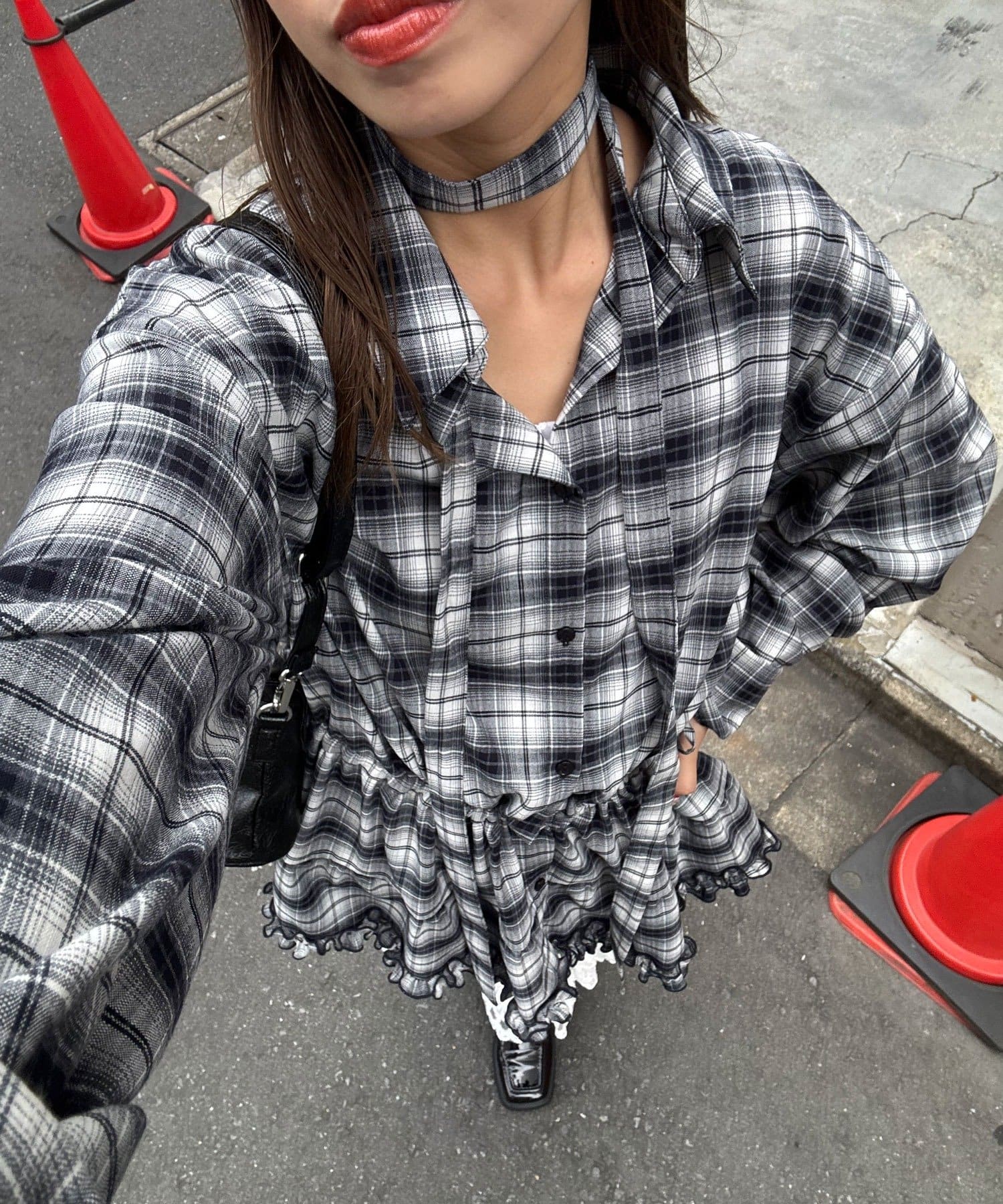 CIAOPANIC(チャオパニック) ボウタイ付き裾ティアードチェックシャツワンピース