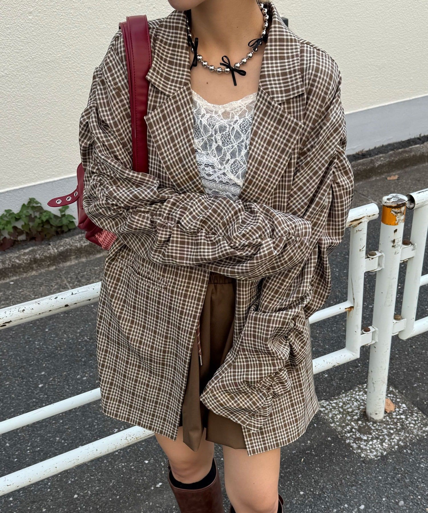 CIAOPANIC(チャオパニック) 袖ギャザーチェックグランパジャケット