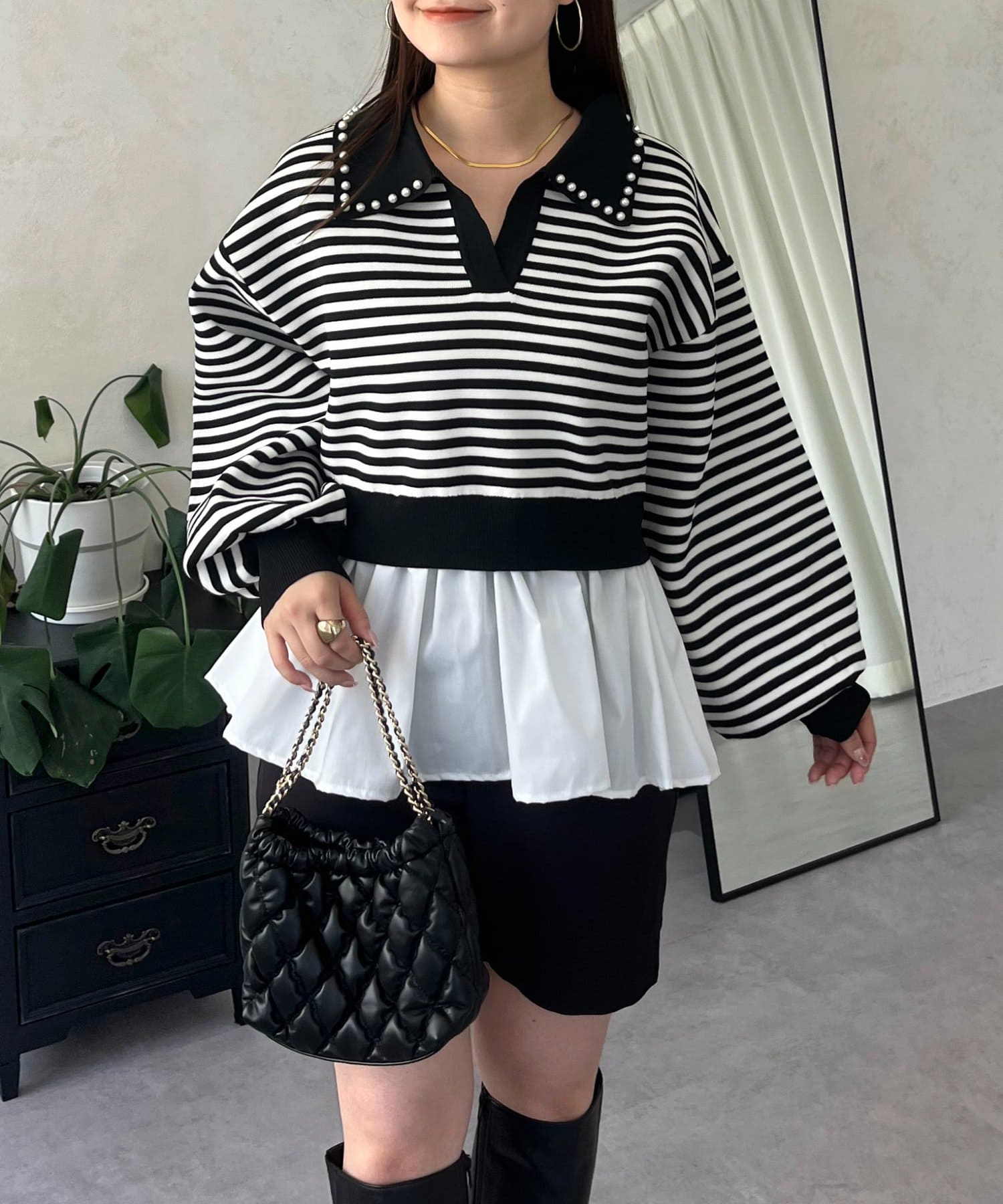 完売品 プロズヴェール スウェットライクAラインパールペプラムニット MOMO COLLECTION】スウェットライクAラインパールペプラムニット