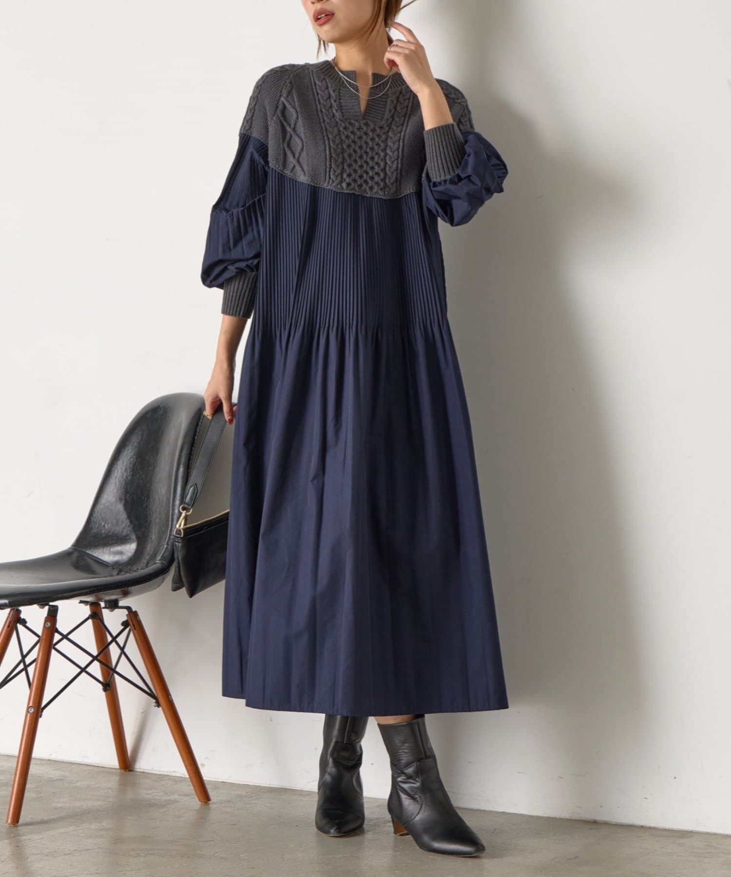 Jena　espace merveilleux(ジェナ　エスパスメルヴェイユ) ケーブルニットプリーツワンピース