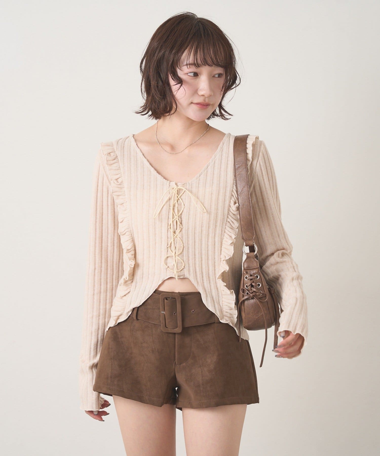 mline(エムライン) [mline]レースアップ リブメローＴシャツ