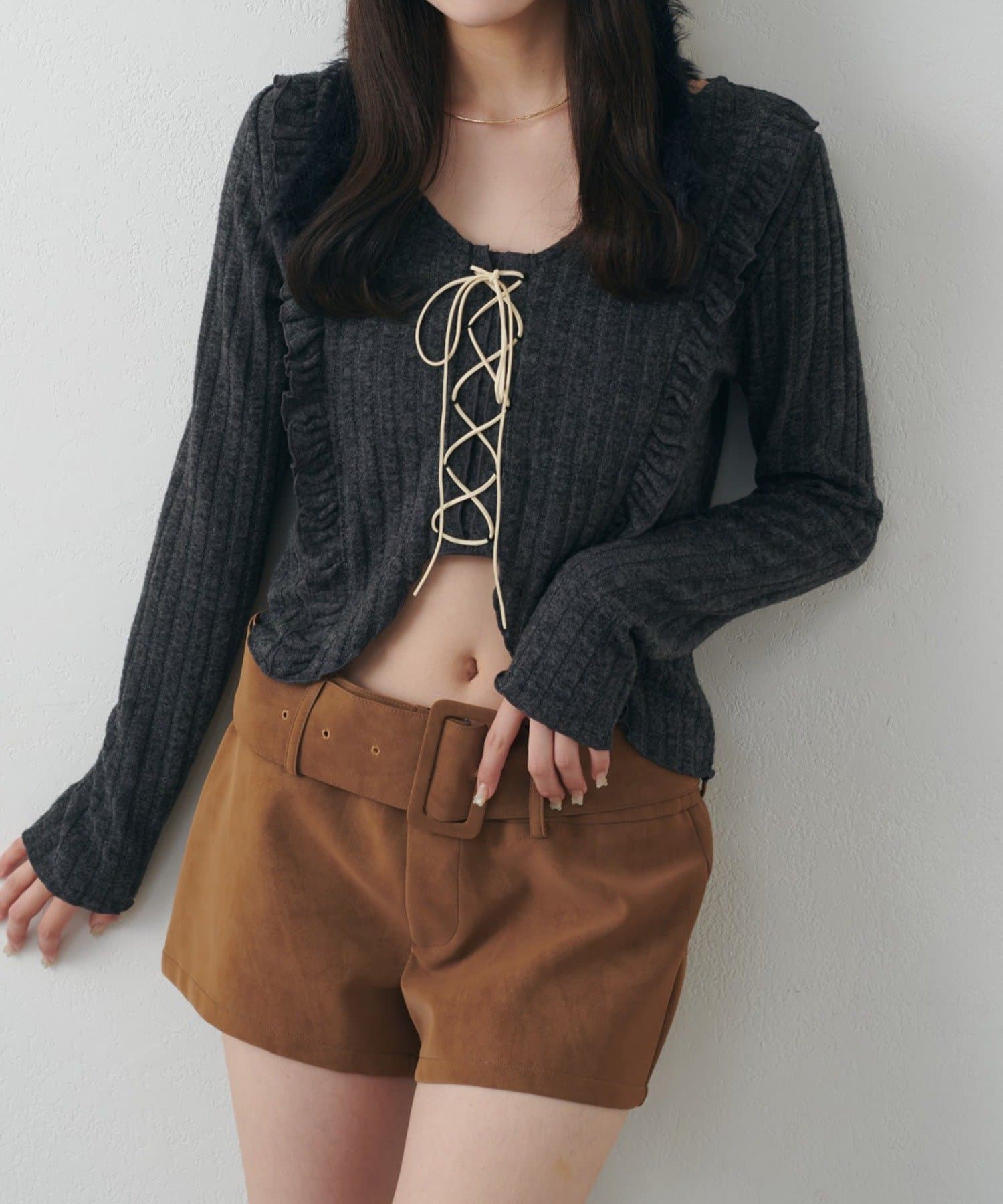 mline(エムライン) [mline]レースアップ リブメローＴシャツ