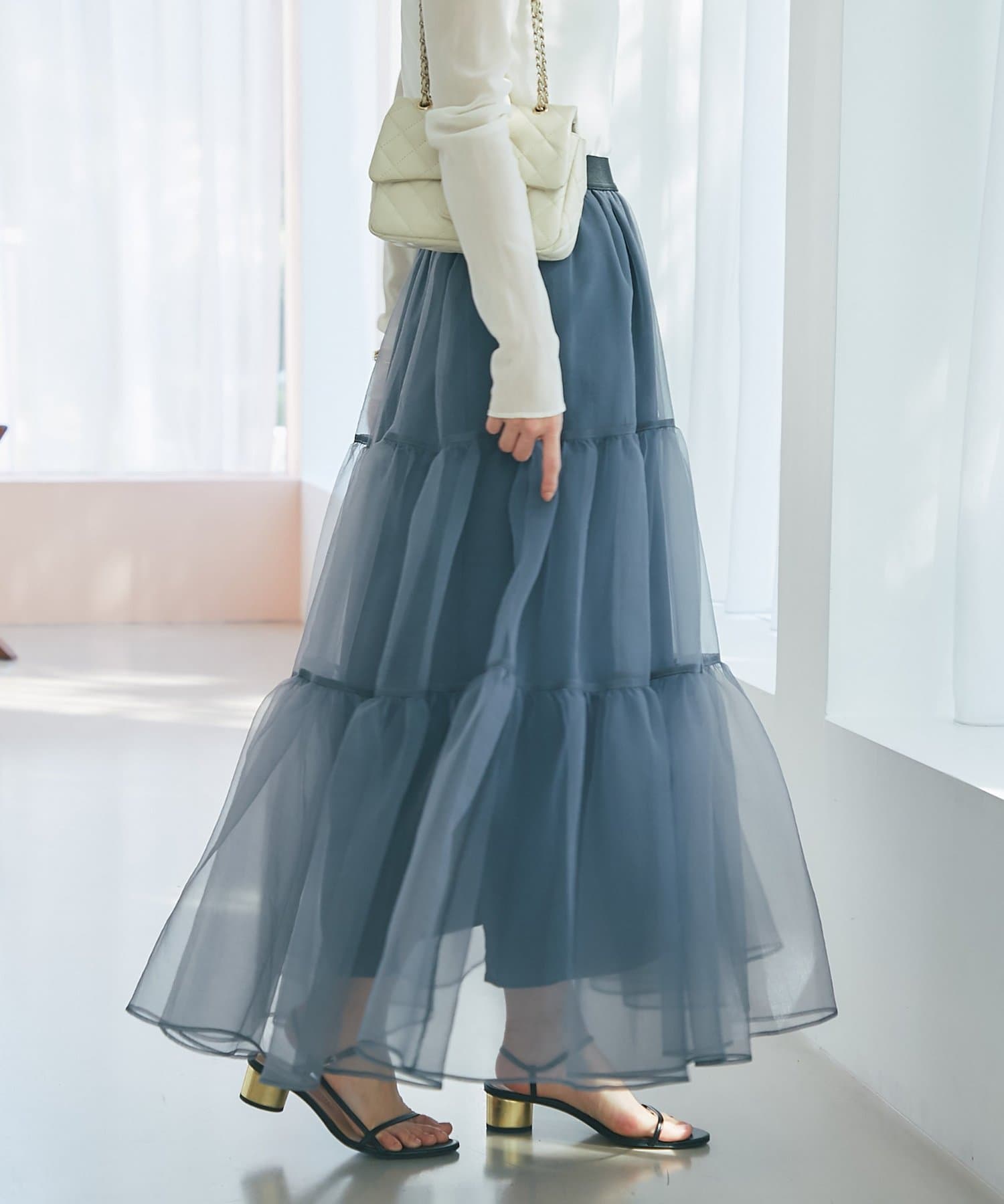【ラブティックボンボン】 シアー ティアード フレア ロング スカート グレー ラブティックボンボン】 シアー ティアード フレア ロング