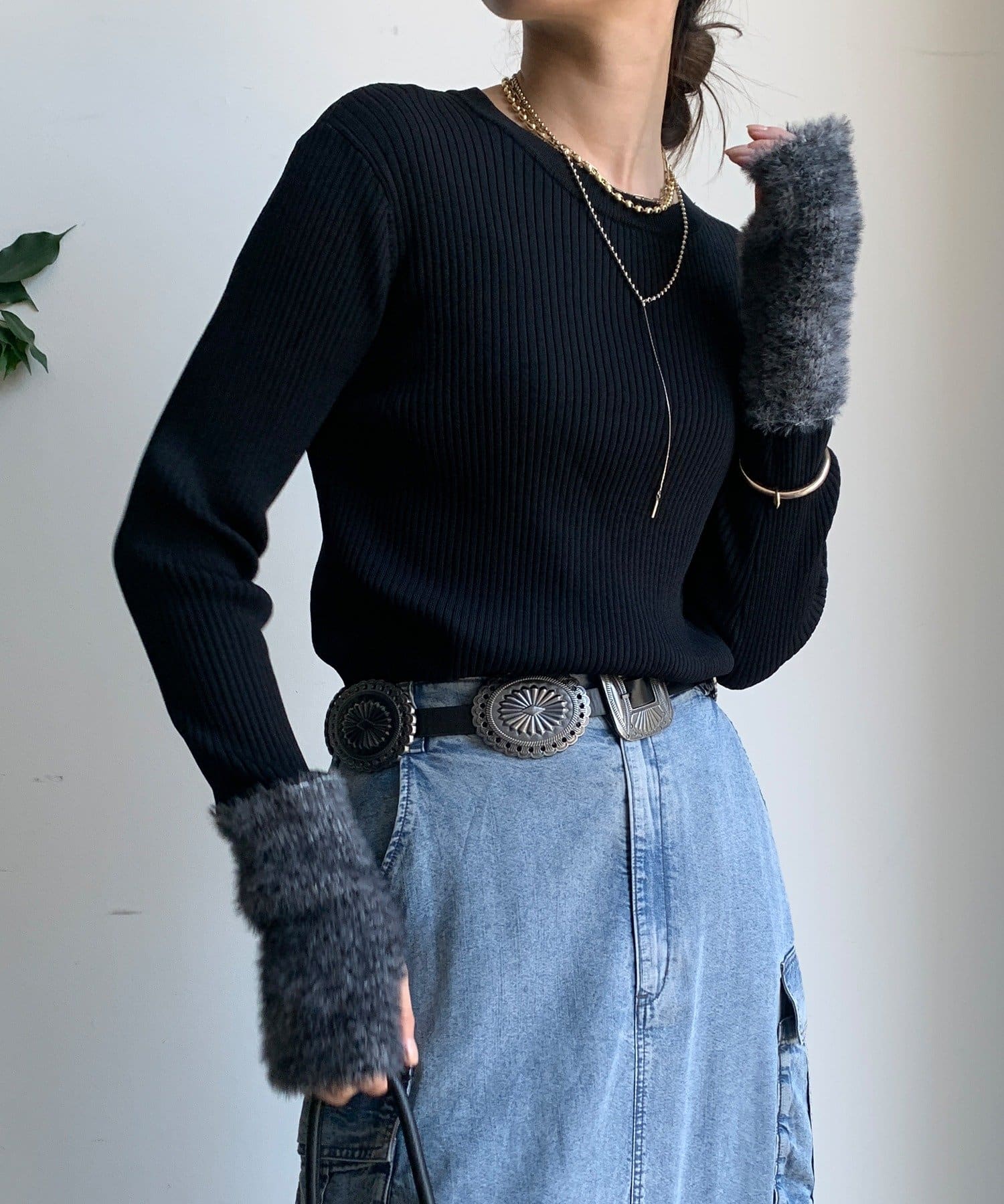 DOUDOU(ドゥドゥ) 【WEB限定】シャギー切替フィンガーリブニット