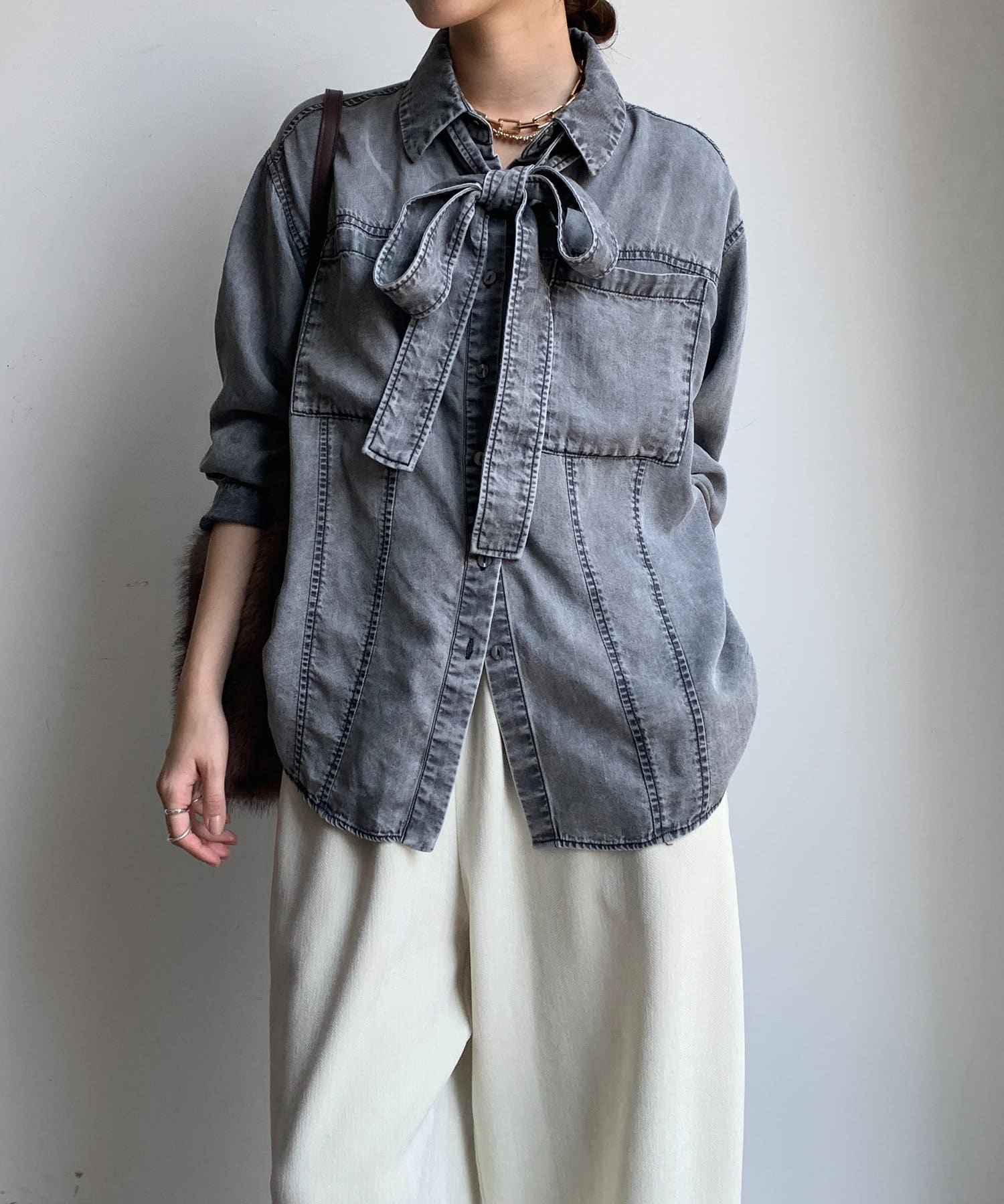 DOUDOU(ドゥドゥ) 【WEB限定】棒タイ2WAYリヨセルデニムシャツ