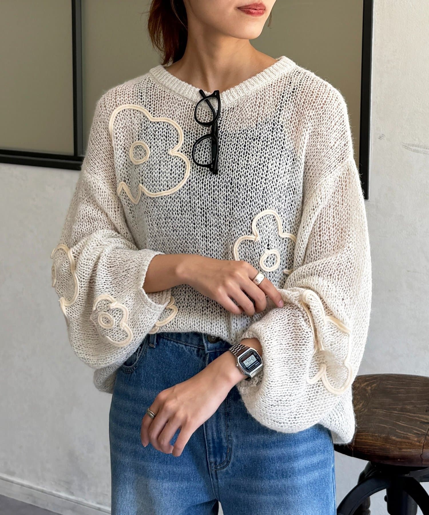 CPCM(シーピーシーエム) コード刺繍透かし編みニット