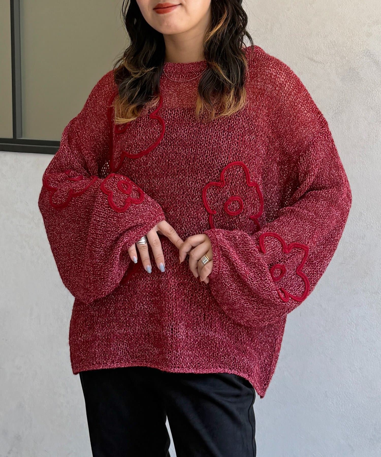 CPCM(シーピーシーエム) コード刺繍透かし編みニット