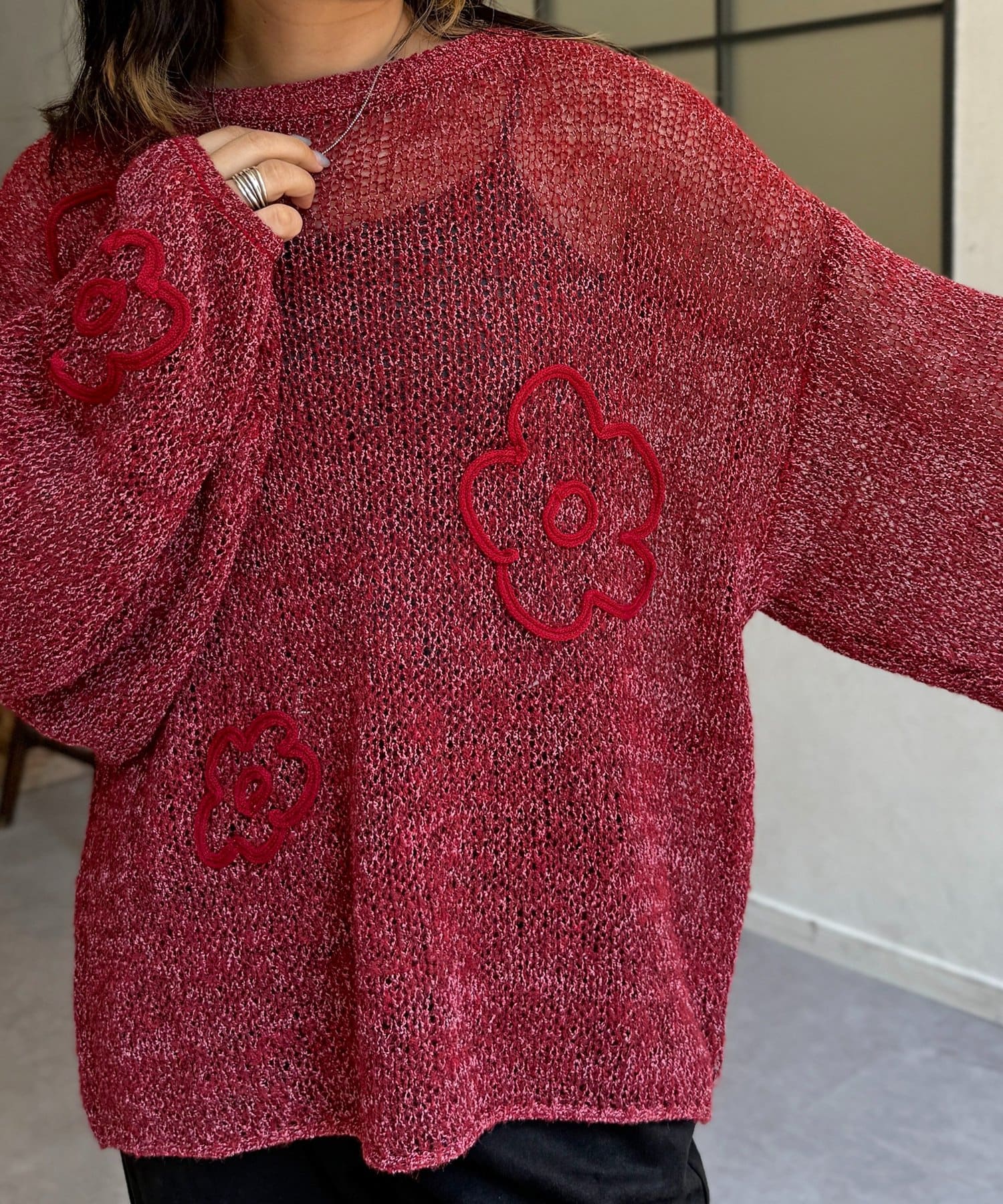 CPCM(シーピーシーエム) コード刺繍透かし編みニット