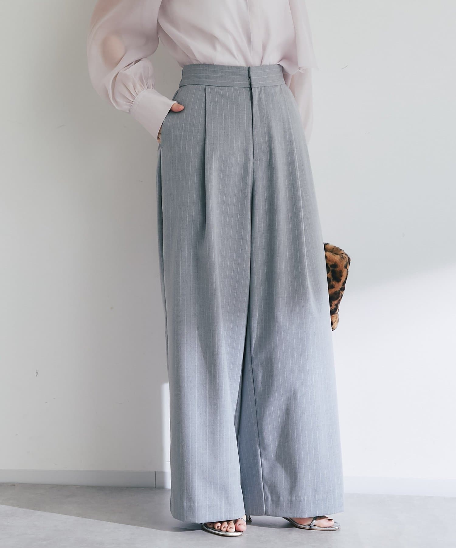 La boutique BonBon(ラブティックボンボン) 【セットアップ可・すっきり美脚】ストライプワイドパンツ