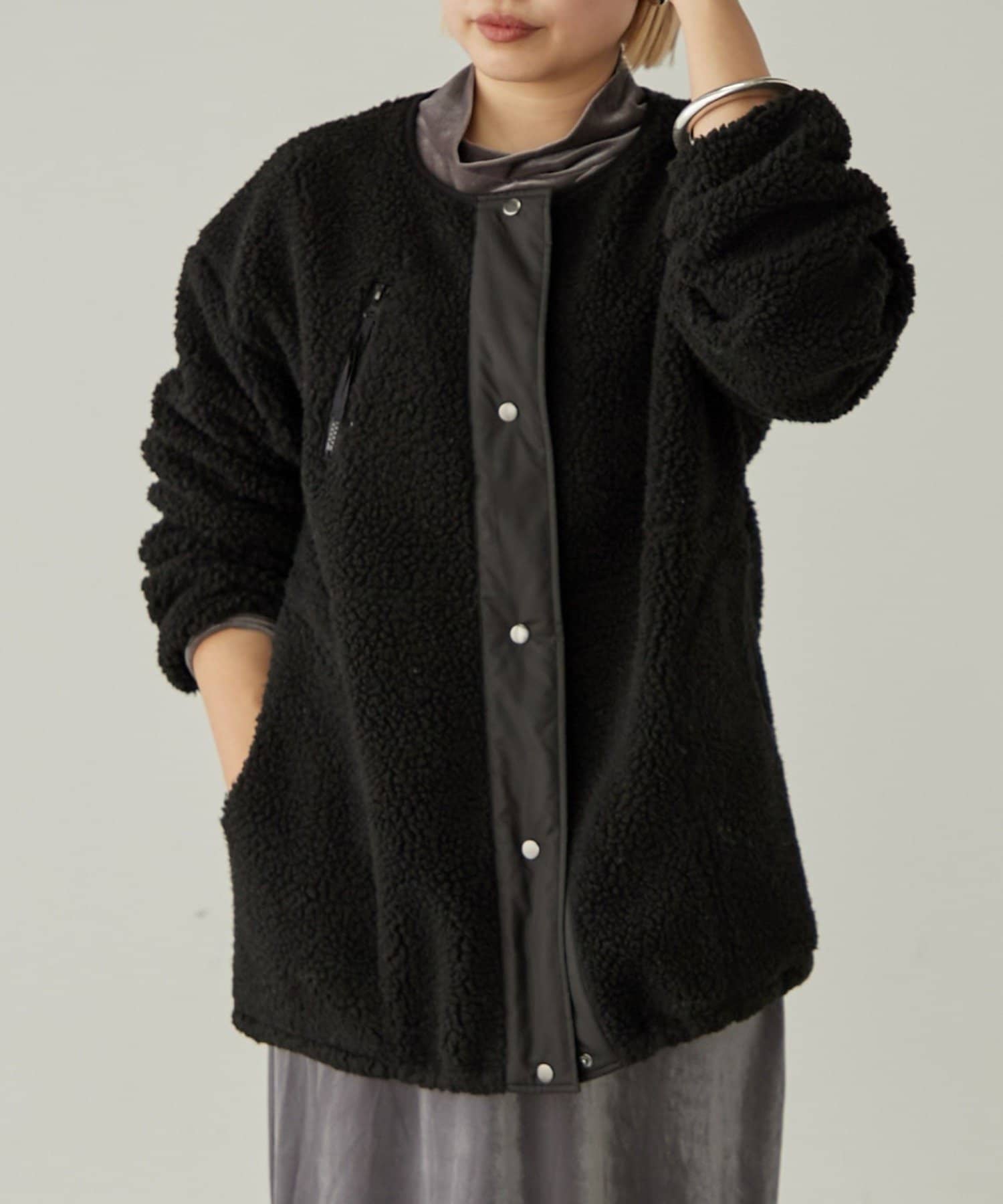 ボア ノーカラー ブルゾン size SHORTあり］ボア ノーカラー ブルゾン