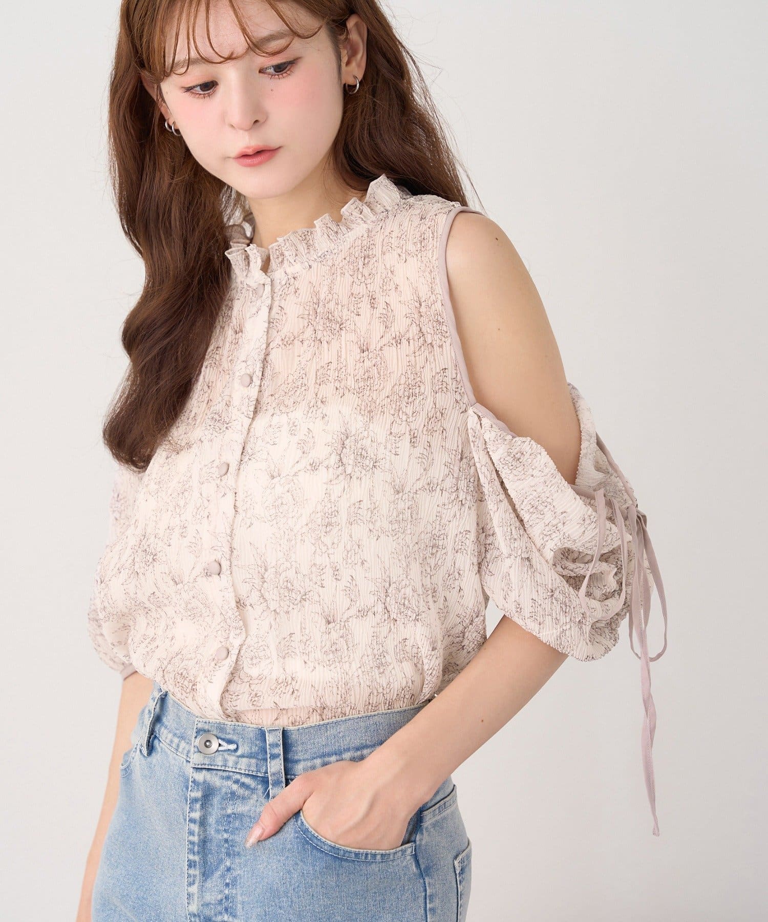 one after another NICE CLAUP(ワンアフターアナザー ナイスクラップ) 【WEB限定/リバイバル】肩リボン2way楊柳ブラウス