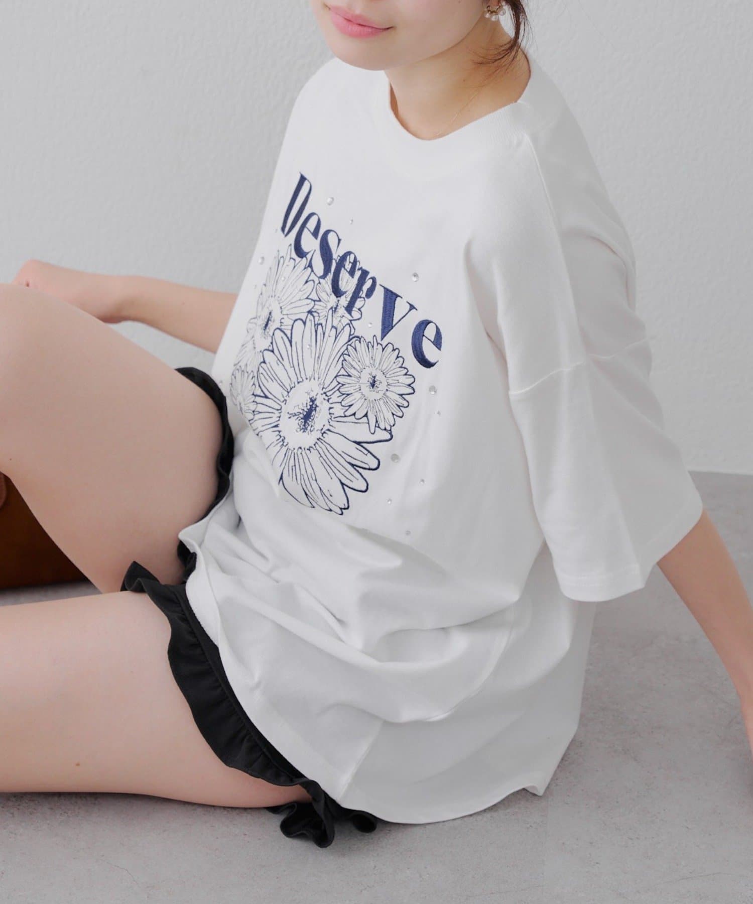 Remind me and forever(リマインドミーアンドフォーエバー) キラキラお花刺しゅうBigTシャツ
