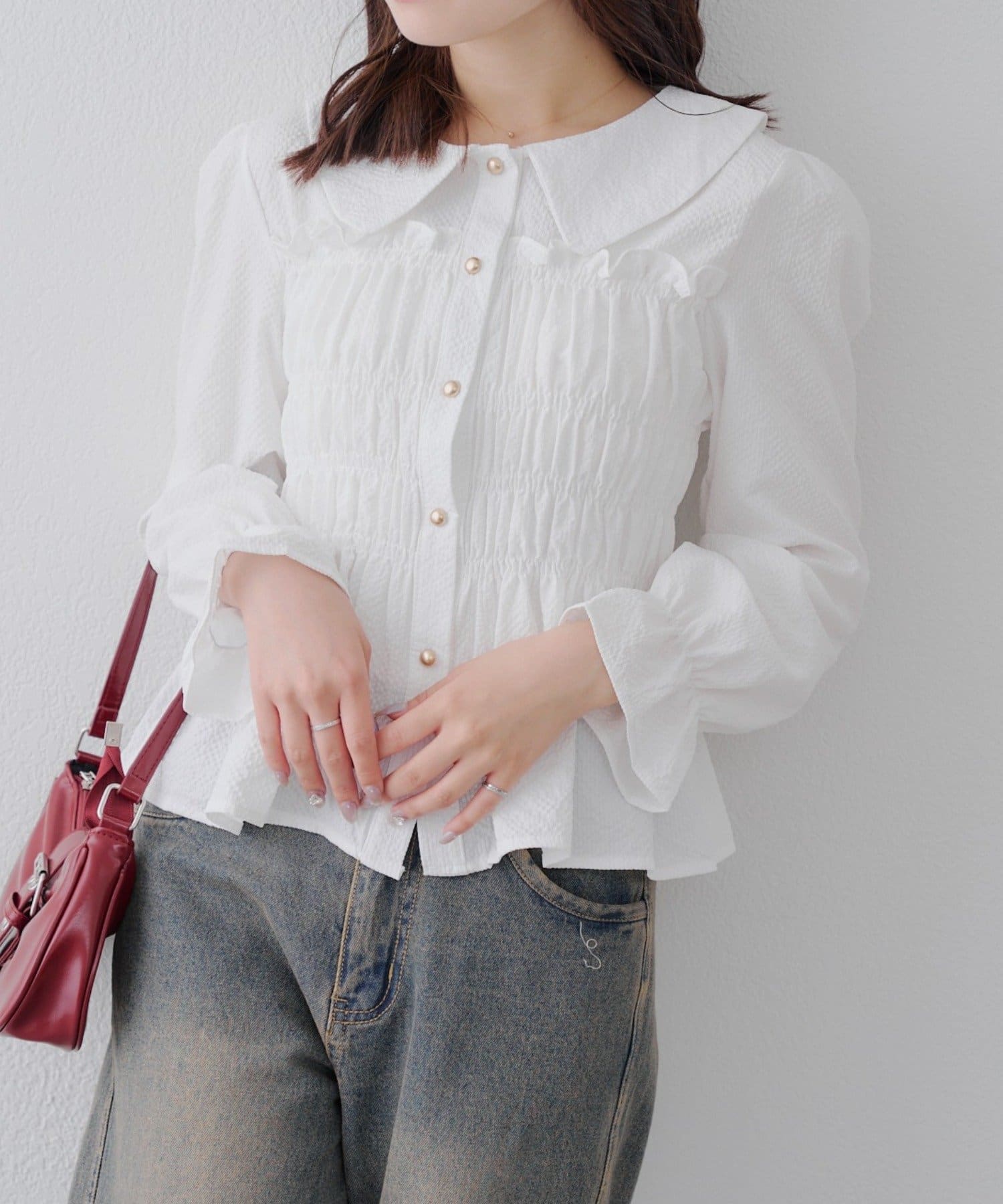 NICE CLAUP / OLIVE des OLIVE OUTLET(ナイスクラップ  / オリーブ デ オリーブ アウトレット) 【人気につき秋冬バージョンもつくりました】【韓国コーデ叶う!】【RMAF】シャーリング襟付きブラウス