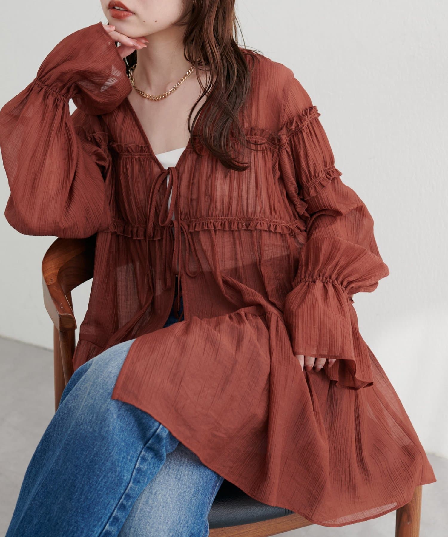 natural couture(ナチュラルクチュール) 【WEB限定】ギャザーティアードロングブラウス