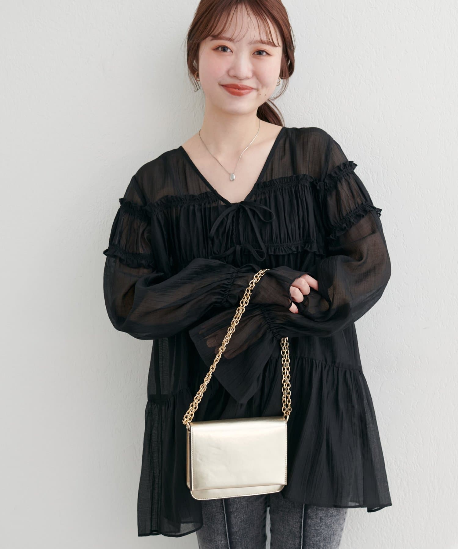 natural couture(ナチュラルクチュール) 【WEB限定】ギャザーティアードロングブラウス