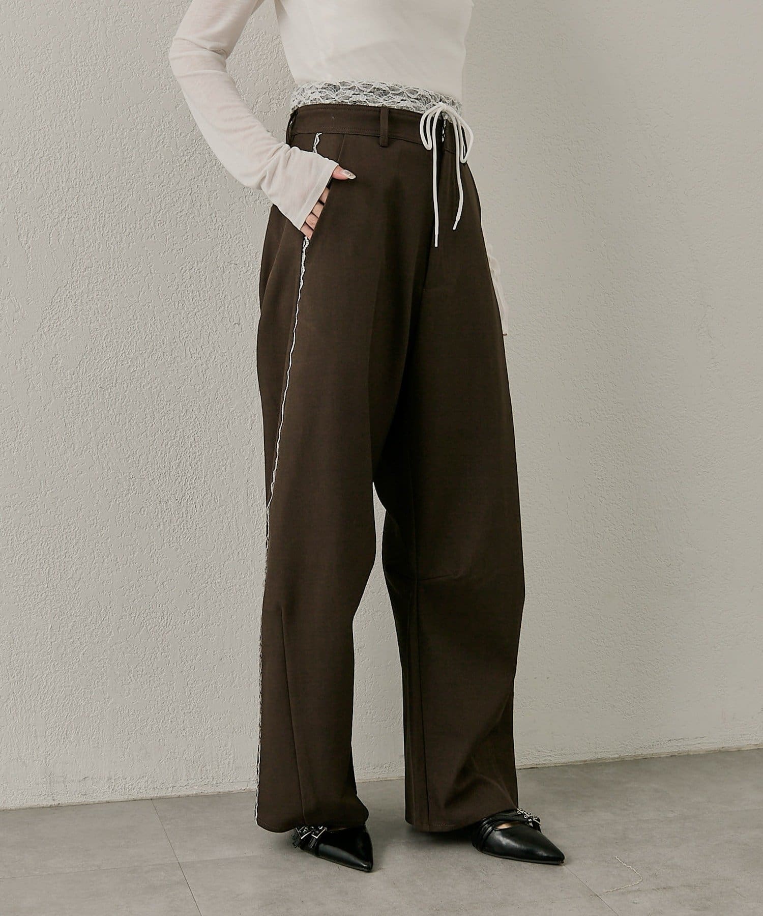 mline(エムライン) [mline]【新色BRN登場！】レースレイヤード スラックスパンツ