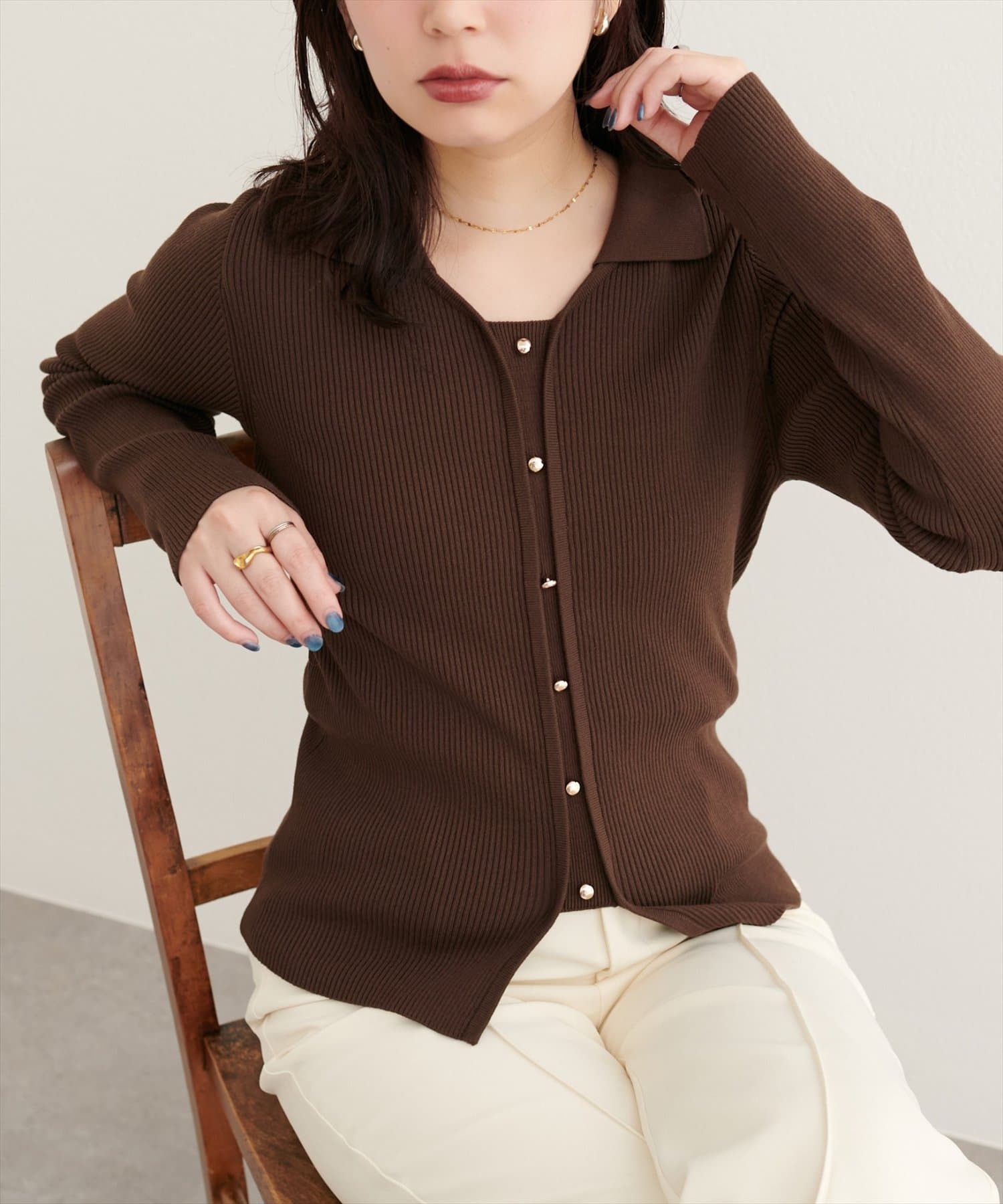 natural couture(ナチュラルクチュール) 【WEB限定】前あきカーデ風長袖ニット