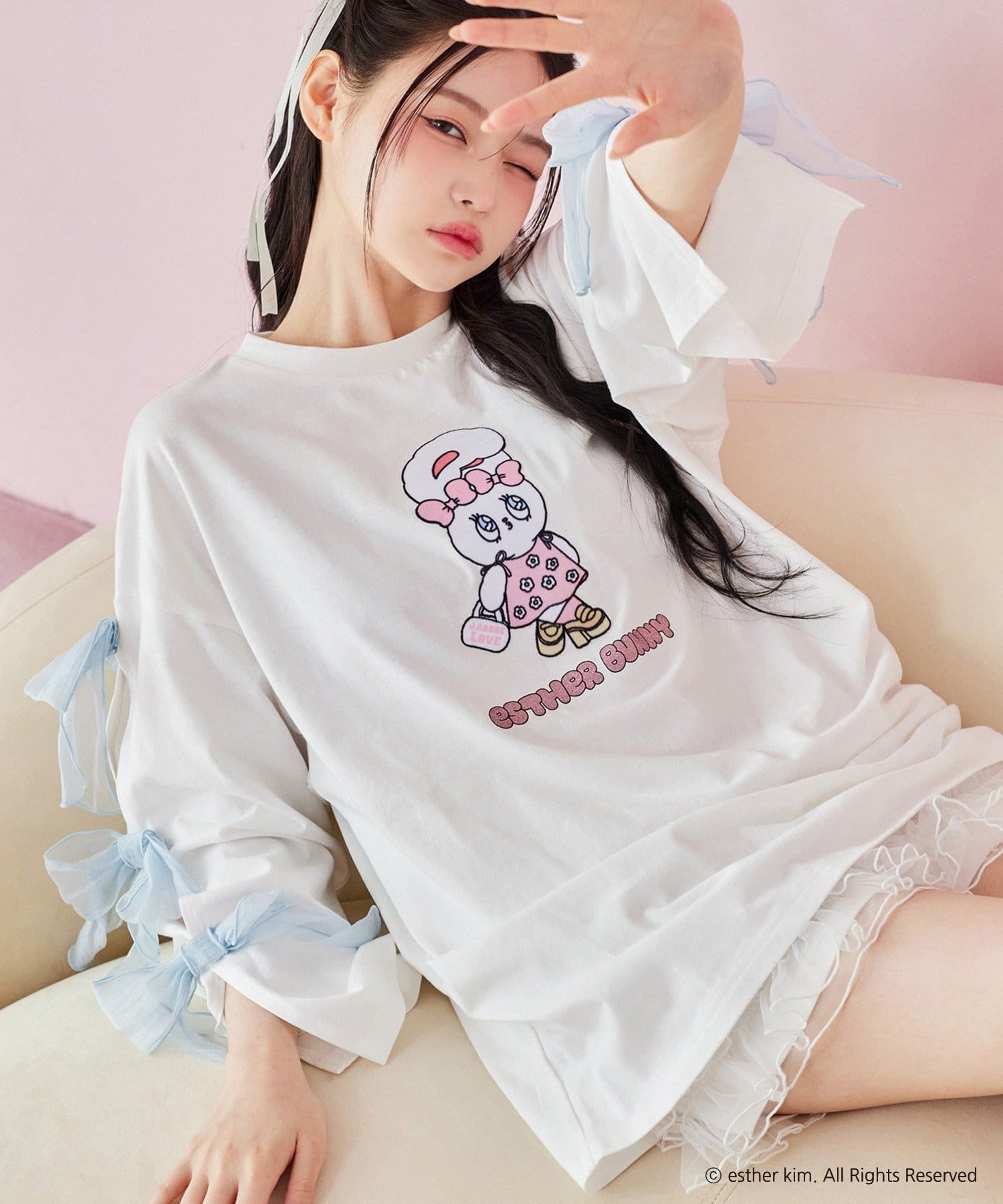 one after another NICE CLAUP(ワンアフターアナザー ナイスクラップ) 【Esther Bunny コラボ】袖リボンプリントビッグTee