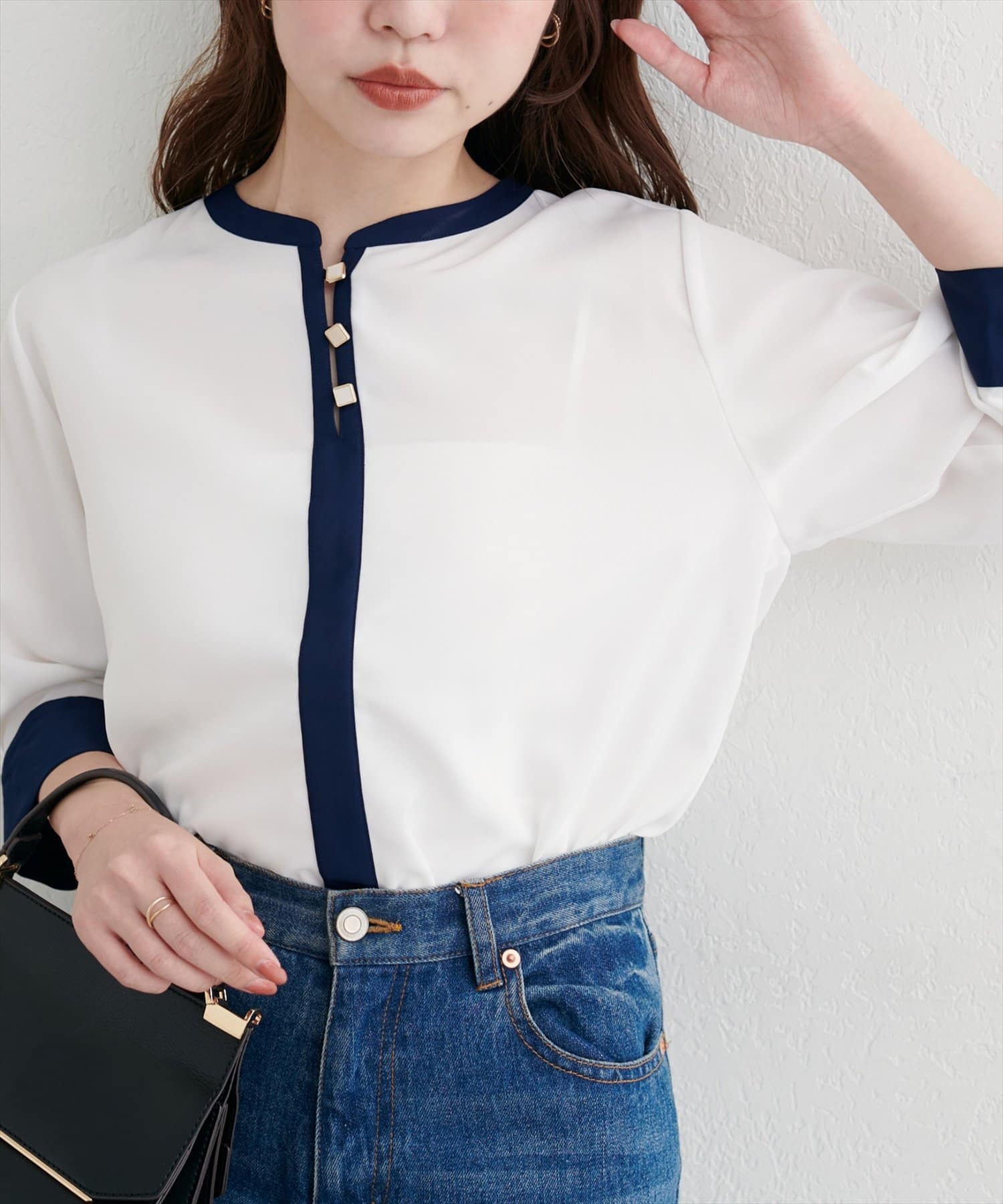 natural couture(ナチュラルクチュール) 【WEB限定】スクエア釦配色７分袖ブラウス