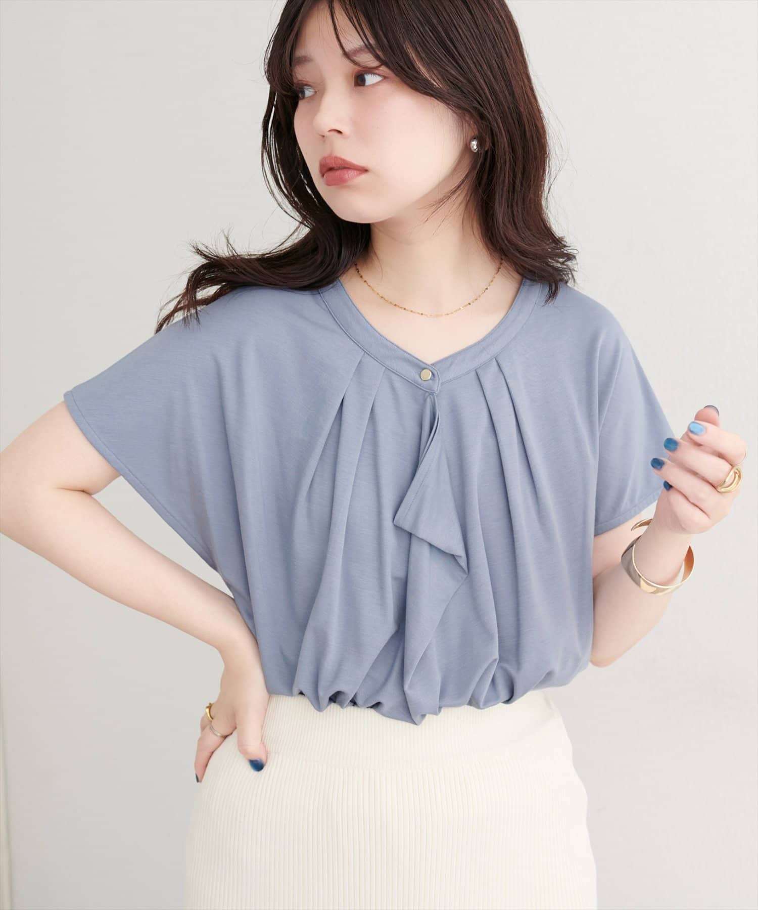 natural couture(ナチュラルクチュール) 【sherbet line】接触冷感ドレープフリルカットソーブラウス