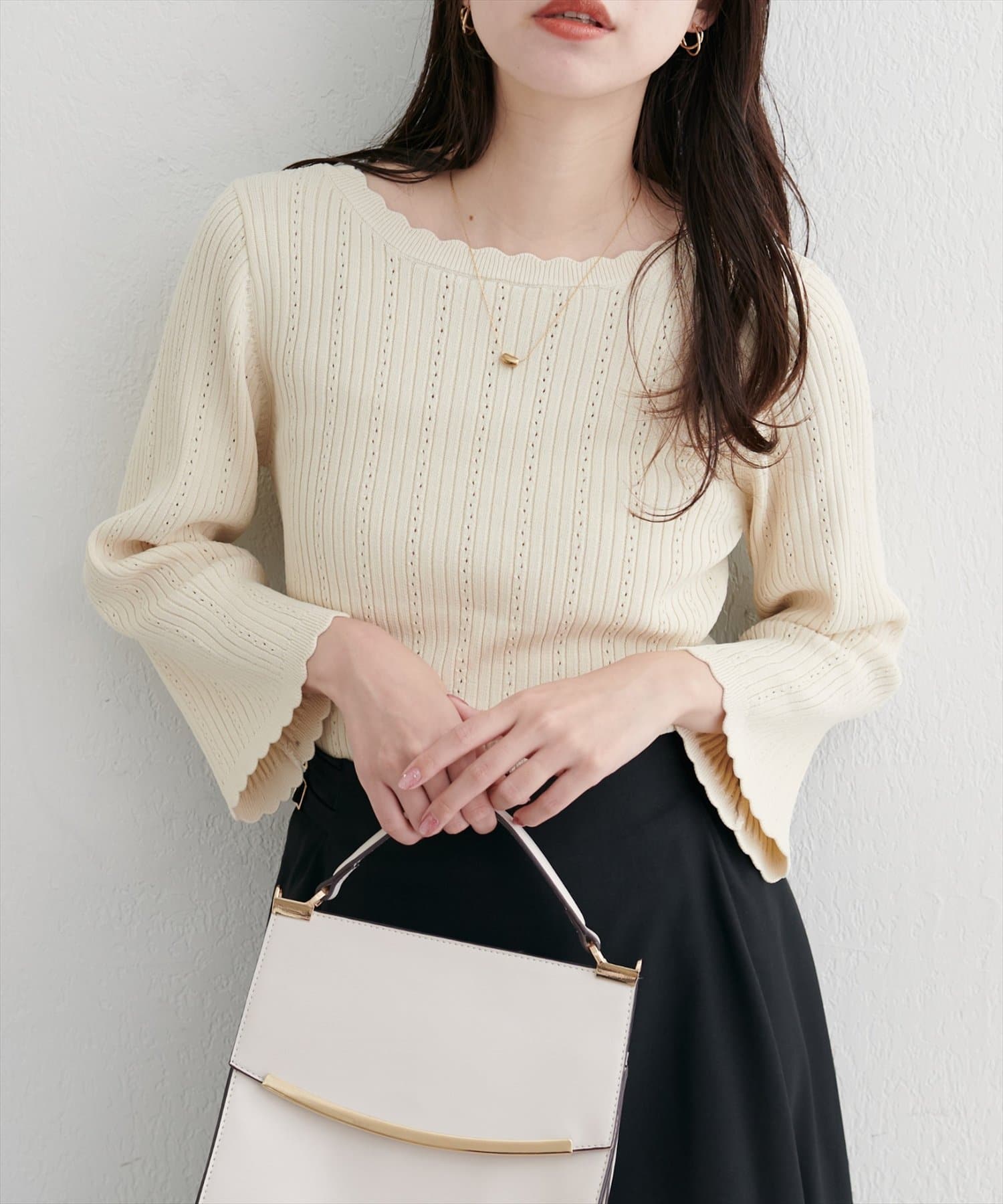 natural couture(ナチュラルクチュール) 【WEB限定】フレアスリーブアイレットリブニット