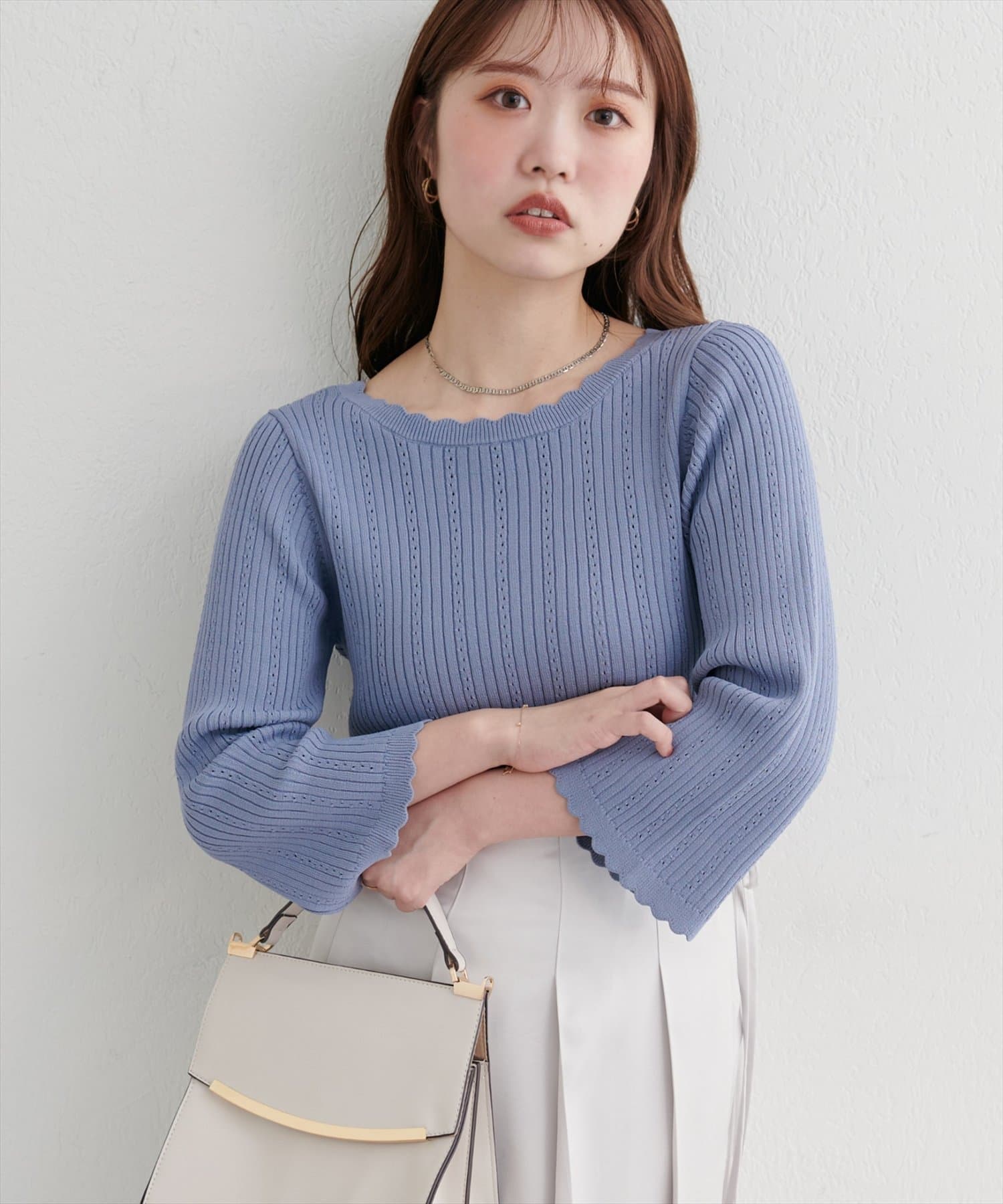 natural couture(ナチュラルクチュール) 【WEB限定】フレアスリーブアイレットリブニット