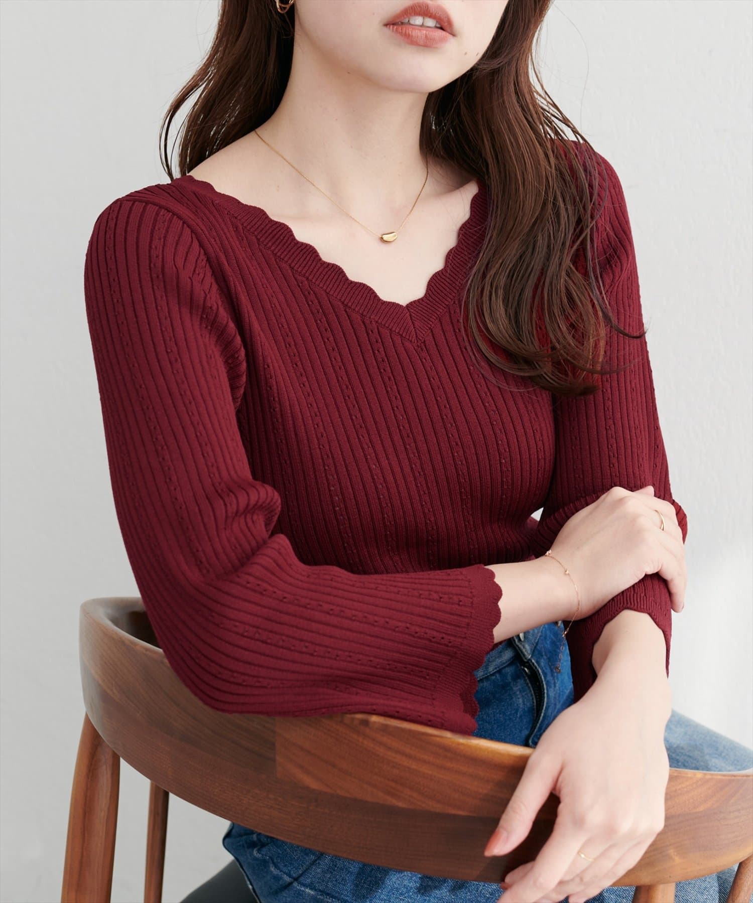 natural couture(ナチュラルクチュール) 【WEB限定】フレアスリーブアイレットリブニット