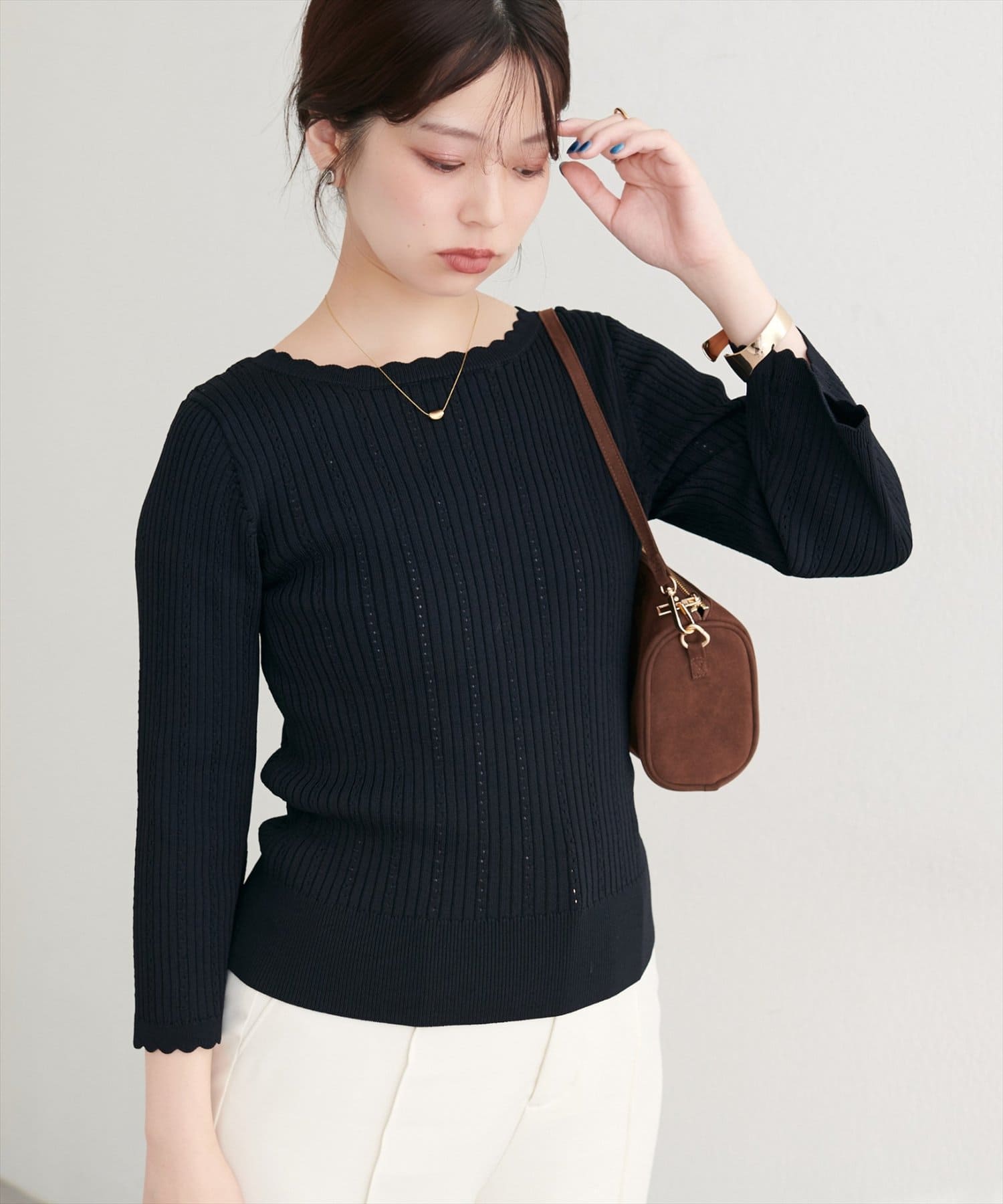 natural couture(ナチュラルクチュール) 【WEB限定】フレアスリーブアイレットリブニット