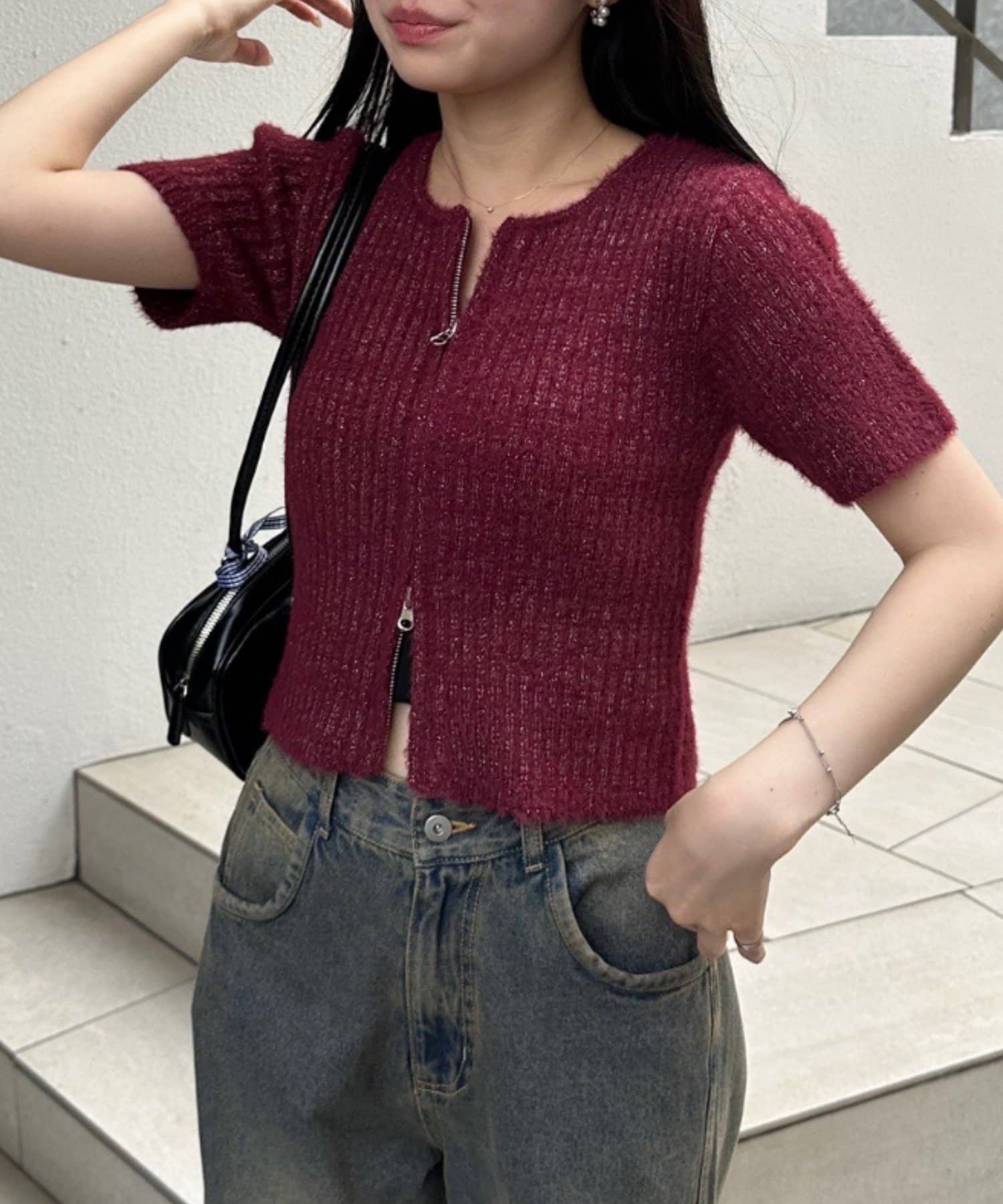 NICE CLAUP / OLIVE des OLIVE OUTLET(ナイスクラップ  / オリーブ デ オリーブ アウトレット) 【RMAF】ラメフェザーWZIP半袖ニット