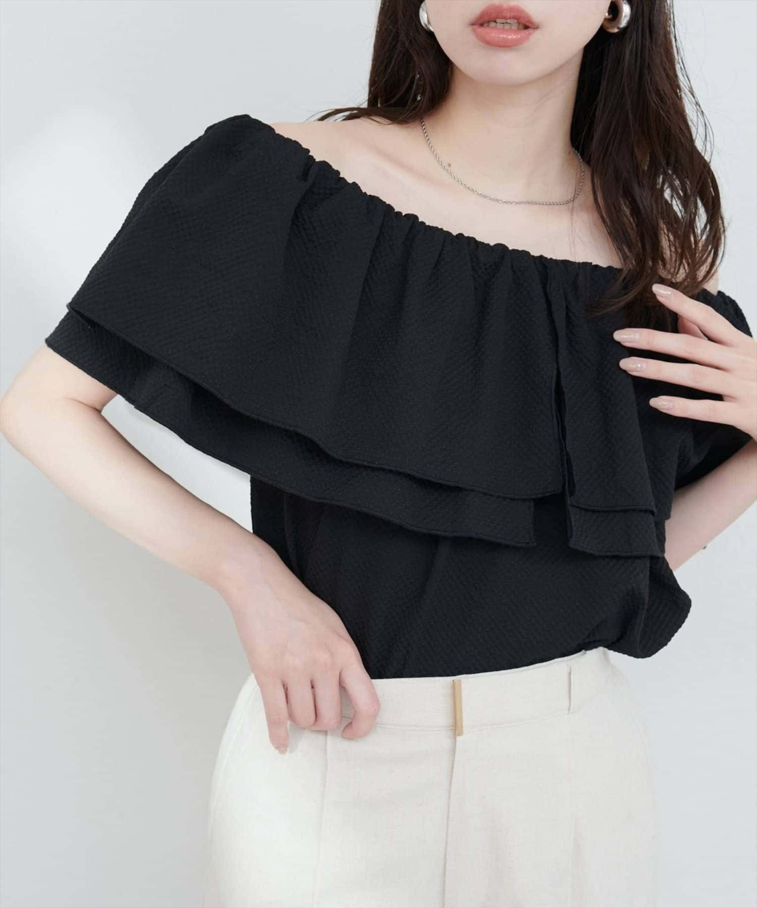 NICE CLAUP / OLIVE des OLIVE OUTLET(ナイスクラップ  / オリーブ デ オリーブ アウトレット) 【natural couture】サッカーチェックオフショルブラウス