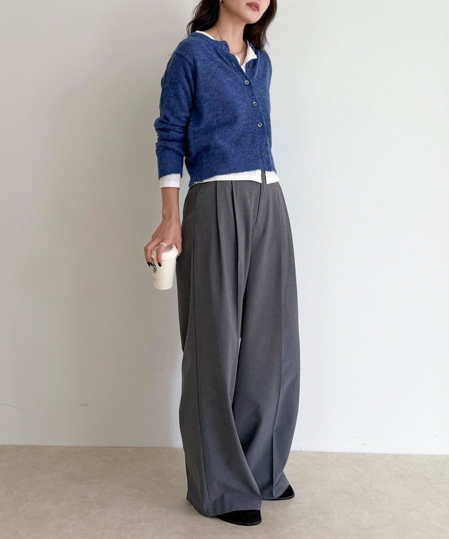 ネイビー 長袖カーディガン ウール混 長め丈ウール混カーディガン（ニットカーディガン）｜通販の